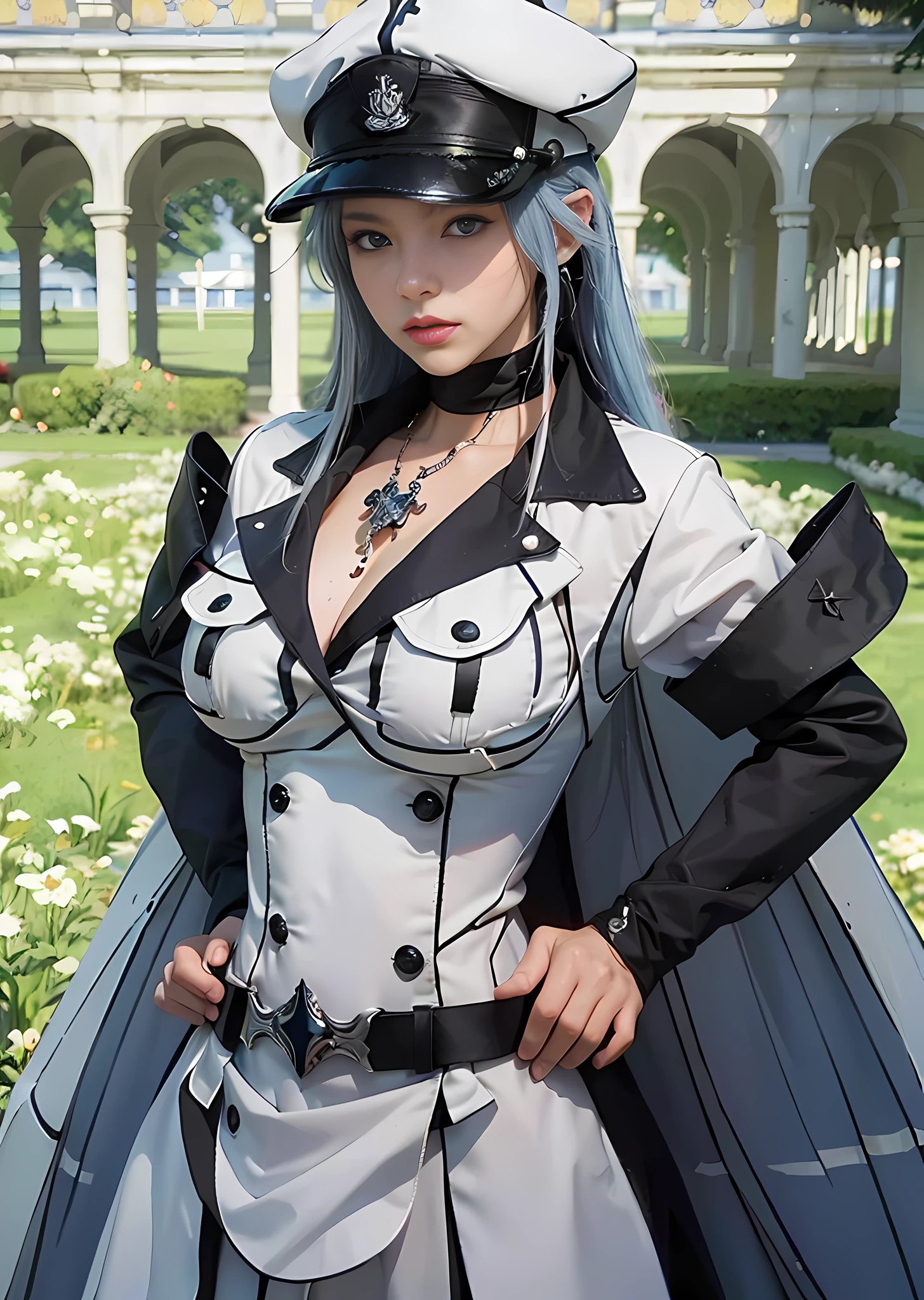 (32k, RAW photo, best quality, masterpiece:1.2), (realistic, photo-realistic:1.37), professional lighting, photon mapping, radiosity, 1girl, upper body, medium shot, large , whirl tattoo in the middle of her chest, standing in a position with both hands touching the waist, looking at viewer, high quality, ultra detailed, highres, 8k, accurate color reproduction, realistic texture, ((wearing white formal corporal, white corporal skirt, black and white navy hat)), (extra deatailed), (best quality), 1girl, esdeath ((extra deatailed body:1.3)), (realistic), 28 years old, long blue hair, blue eyes, daylight, pale skin, detailed chignon hair, flower garden and palace grounds, (realistic glistening skin:1.2), skindentation, masterpiece, best quality, high resolution scan, (photo by Canon 5d, 50mm ZEISS lens), hourglass proportions, (8k uhd, hdr, dof), (professionally color graded), sharp focus, natural lighting,