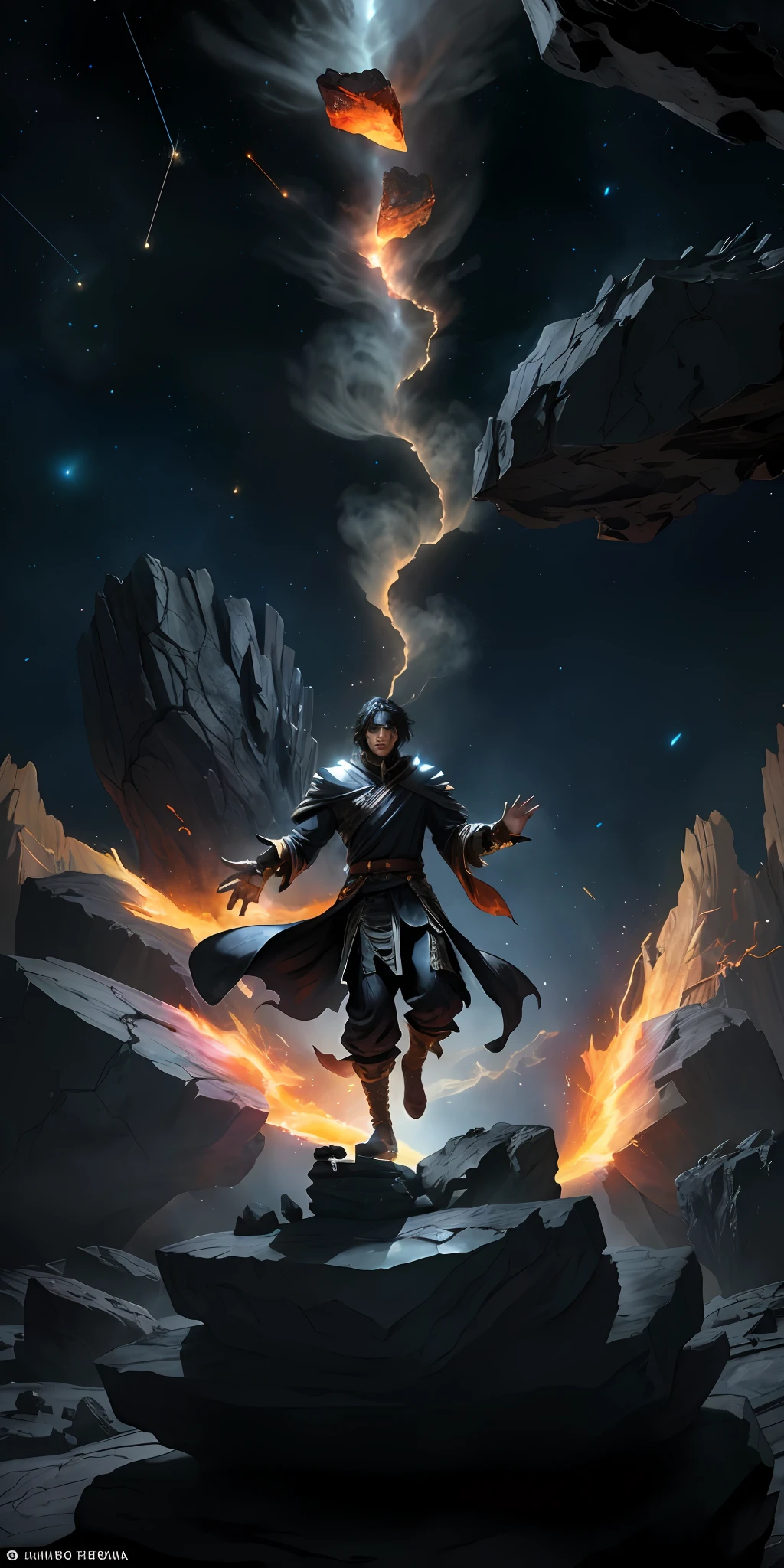 levitating male summoner with black hair, light black armor robes raised over a broken earth, bright lava light from beneath the asteroid field (jagged rocks, boulders and debris shooting into the air:1.3) (windy dust debris storm:1.1) bright light from below, (masterpiece) (best quality) (detailed) (8k) (cinematic lighting) (sharp focus) (intricate)