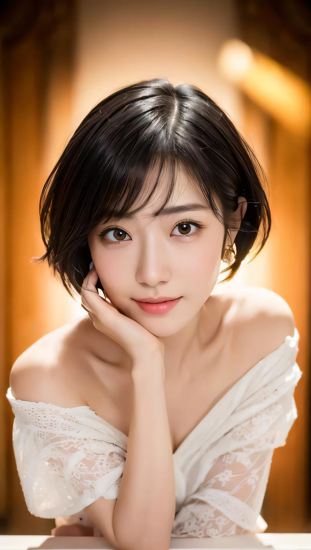(masterpiece:1.3), (8k, photorealistic, RAW photo, best quality: 1.4), japanese, (1girl), beautiful face, (realistic face), (black hair, short hair:1.3), beautiful hairstyle, realistic eyes, beautiful detailed eyes, (realistic skin), beautiful skin, attractive, ultra high res, ultra realistic, highly detailed, golden ratio,  (detaled face:1.2),looking at viewer,smile,open white shirt,medium breasts,standing,hand on hip,off shoulder,