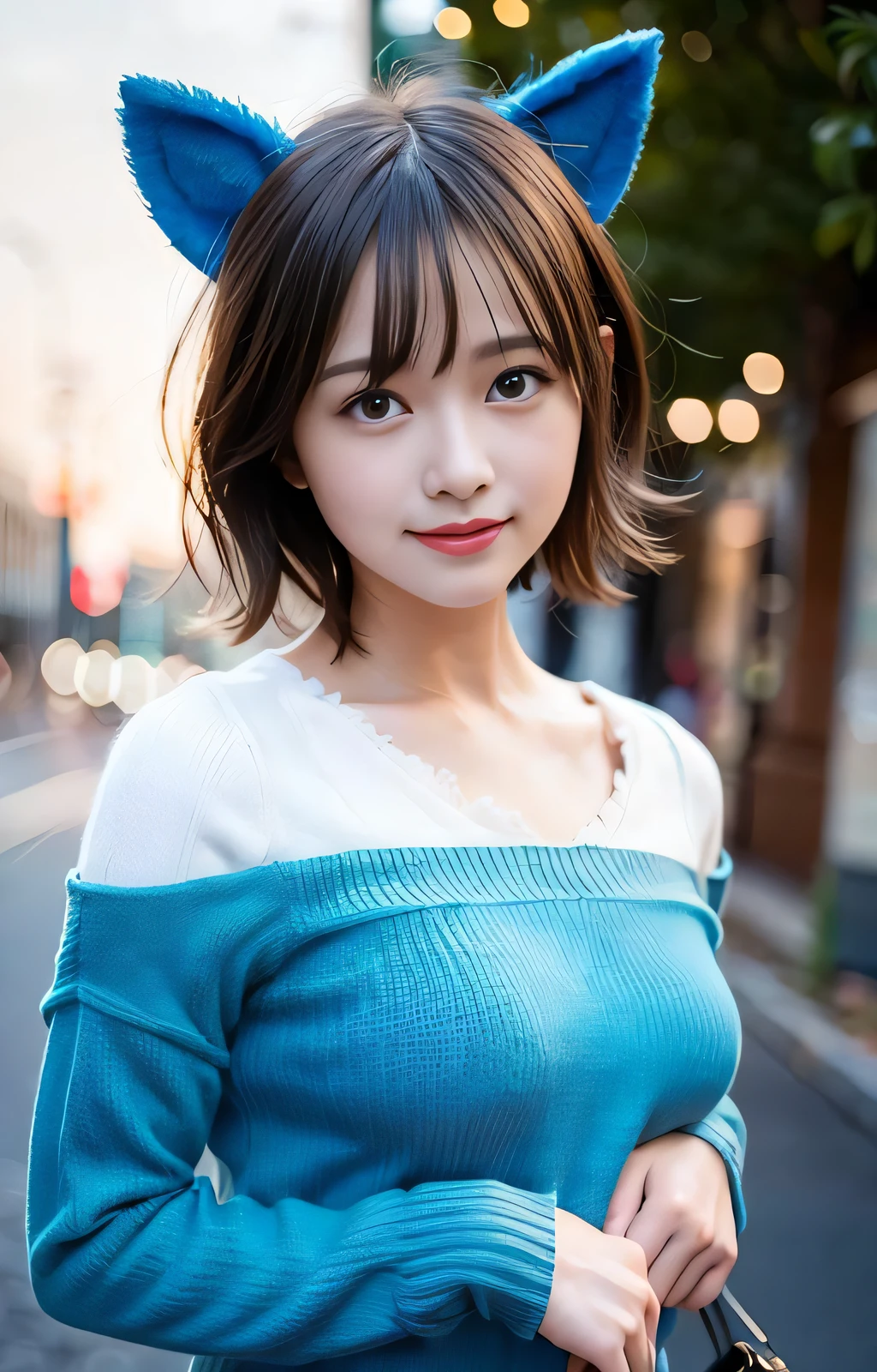 masterpiece,best quality,official art,extremely detailed CG unity 8k wallpaper,1girl, ultra high res, (photorealistic:1.4), ,golden hour lighting, sweater dress,(upper body), (Kpop idol), (aegyo sal:1), (platinum short hair:0.8), ((puffy eyes)), looking at viewer, facing front, smiling, laughing,medium breasts, shirtlift, gloves,short hair, ( blue dog ears),