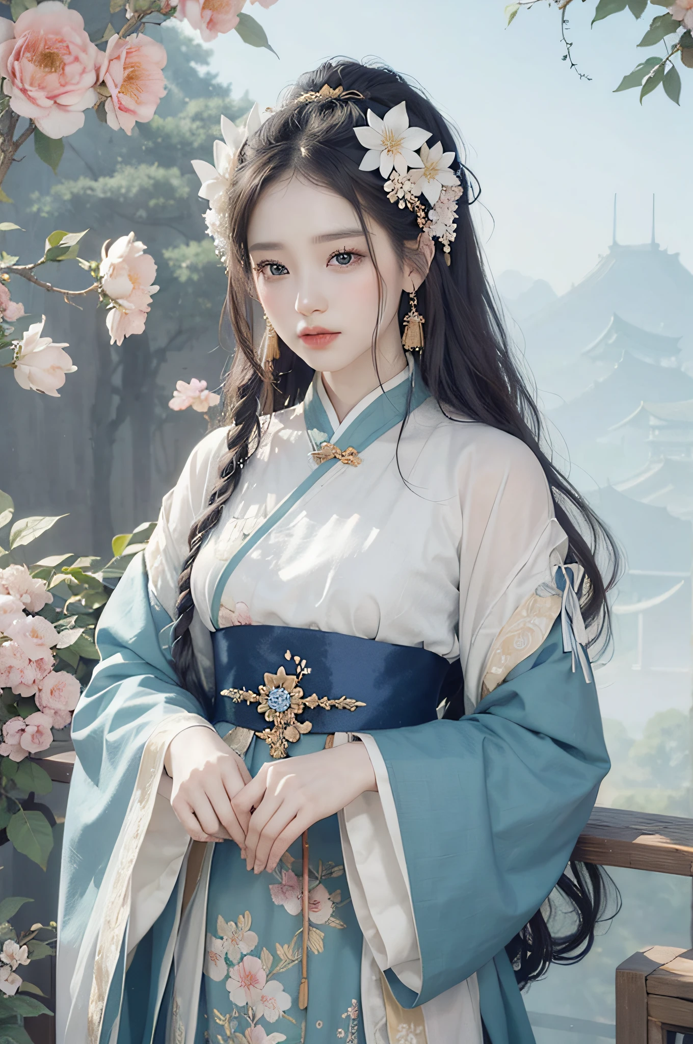 A woman in a blue and white dress with flowers in her hair, flower tree on background, hanfu, palace, girl in hanfu, blue hanfu, white hanfu, wearing ancient chinese costume, ((beautiful fantasy queen)), ancient chinese princess, chinese style, traditional chinese clothing, ancient chinese clothing, beautiful fantasy queen, chinese princess, traditional beauty, 1girl, solo, waist up, hanfu fashion, (flower blossom:1.2) jewelry, ancient art, Chinese, long_hair, cloud, white smoke official art, unity 8k wallpaper, ultra detailed, aesthetic, masterpiece, best quality, photorealistic