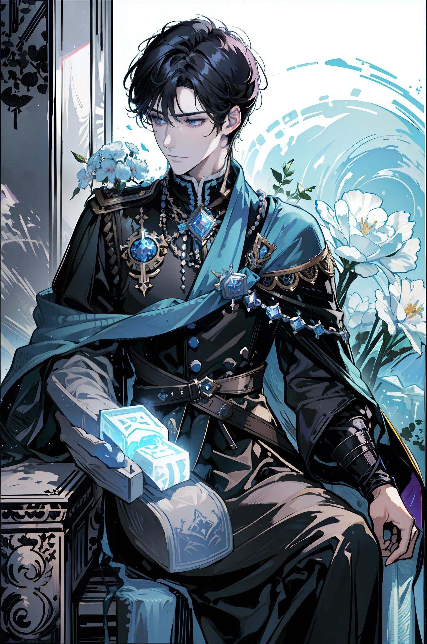 (absurdres, highres, ultra detailed), 1 male, adult, handsome, tall muscular guy, broad shoulders, finely detailed eyes, dark color hair, fantasy, complex pattern, detailed face, throne, magic effect, best ratio four finger and one thumb, ice, bitter cold, cold snap, smile, (dutch angle), closed mouth