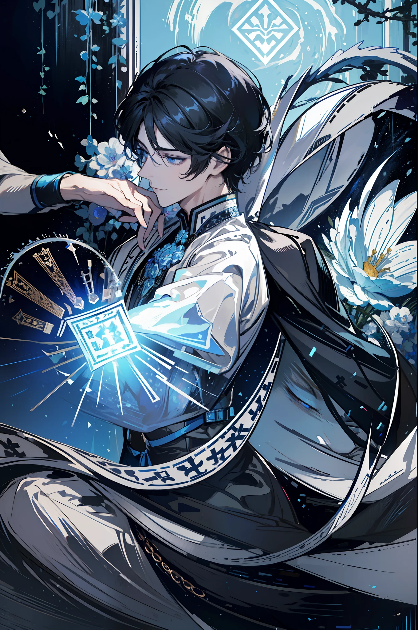 (absurdres, highres, ultra detailed), 1 male, adult, handsome, tall muscular guy, broad shoulders, finely detailed eyes, dark color hair, fantasy, complex pattern, detailed face, throne, magic effect, best ratio four finger and one thumb, ice, bitter cold, cold snap, smile, (dutch angle), closed mouth