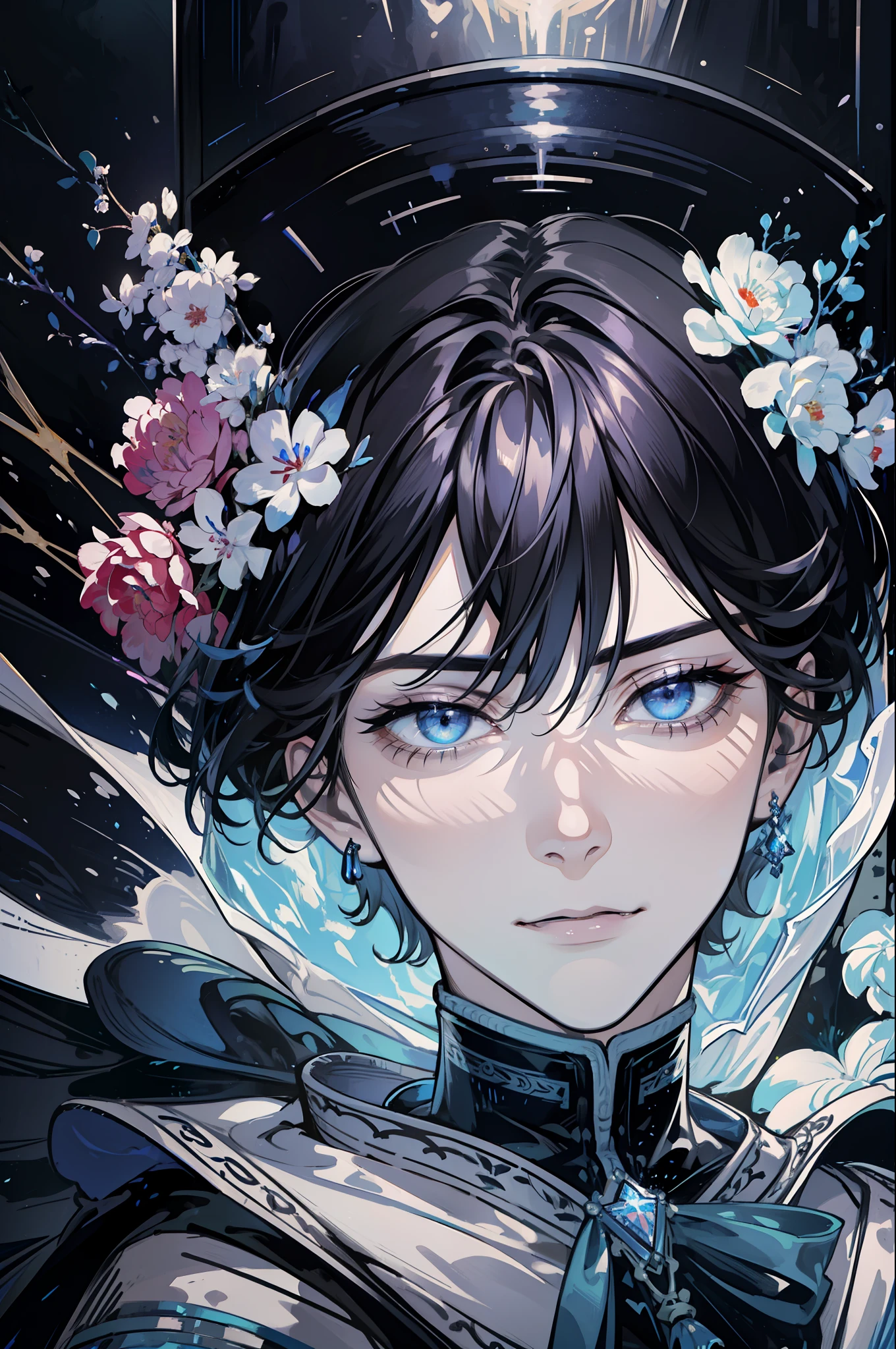 (absurdres, highres, ultra detailed), 1 male, adult, handsome, tall muscular guy, broad shoulders, finely detailed eyes, dark color hair, fantasy, complex pattern, detailed face, throne, magic effect, best ratio four finger and one thumb, ice, bitter cold, cold snap, smile, (dutch angle), closed mouth