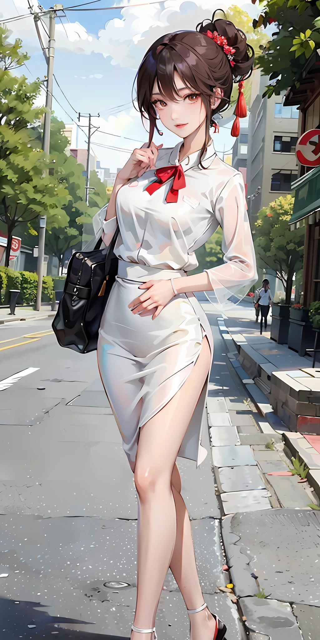 Chinese female fashion model taking a photo on the street standing on the gravel road. Wearing a red hip skirt, elegant posture, posing in a cute and elegant pose, very beautiful and slim legs, charming smile, beautiful bust shot, Cowboy Shot, fashionable in place, the background sets off her beauty and temperament.