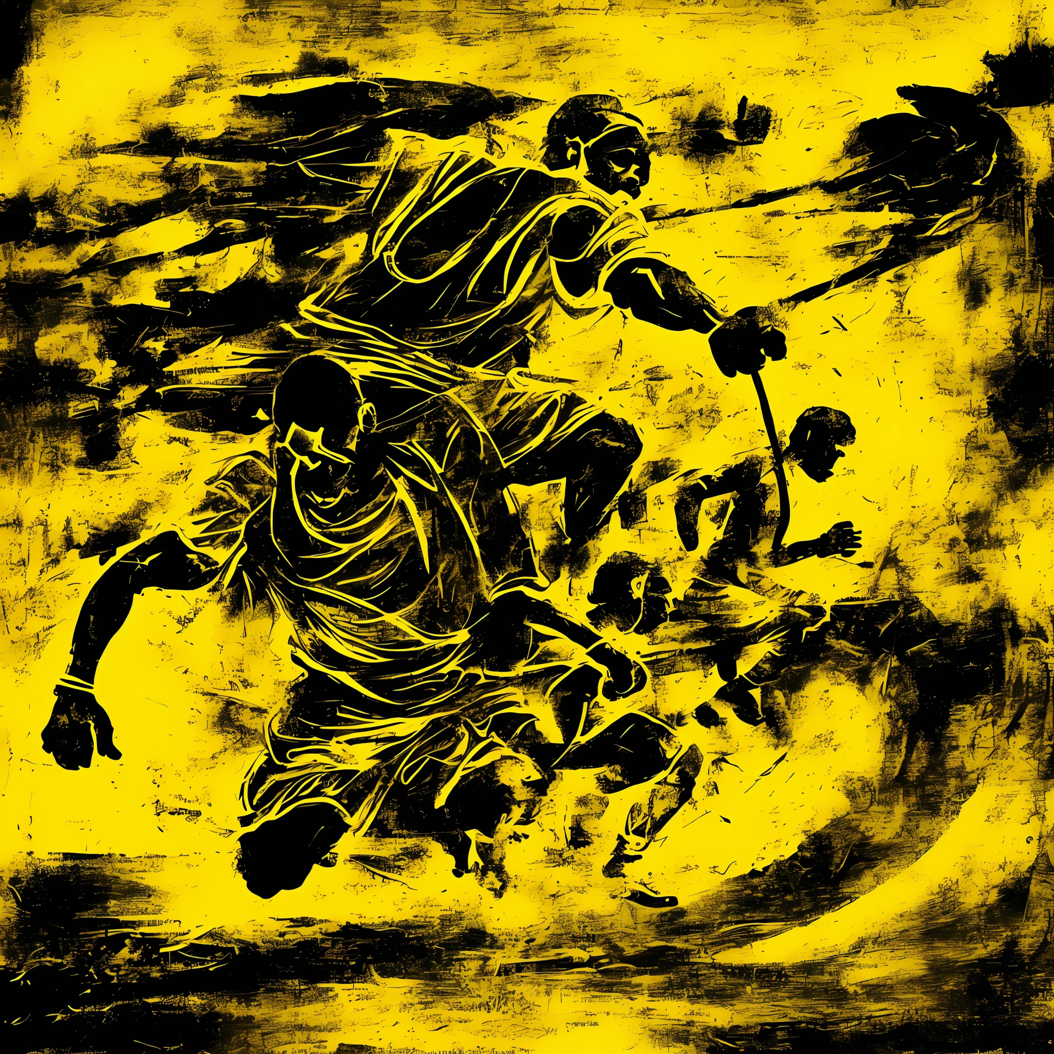 Consistent body, moving body, (best quality), abstract drawing, capoeira angola, wheel with tribals, burnt yellow shirt, minimalist engraving