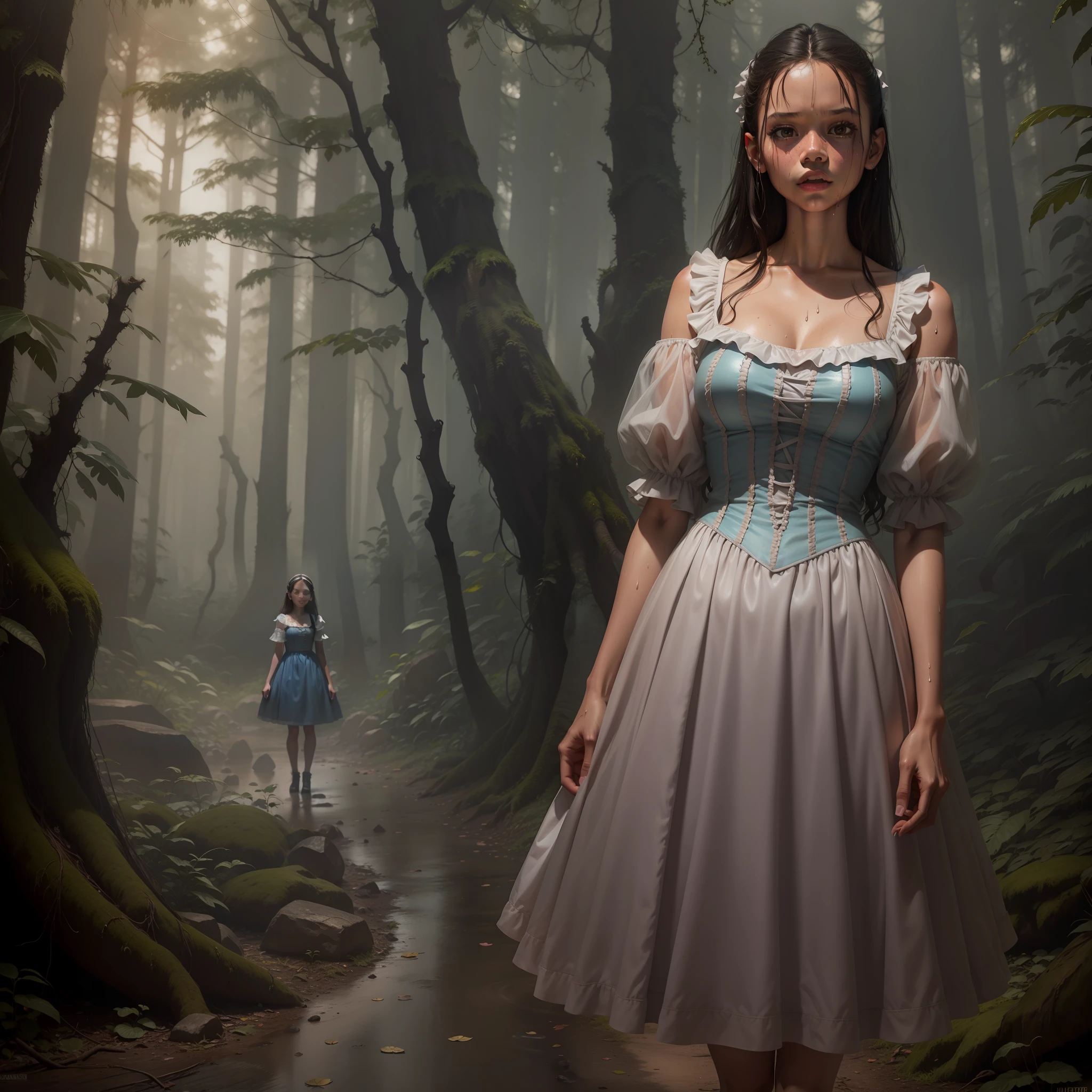 Jenna Ortega, Alice in Wonderland, horror, forest, fog, terror, huge neckline, marked collarbone, 8K, ultra-realistic, sweaty skin, flushed skin, transparent dress, striking, wet costumes
