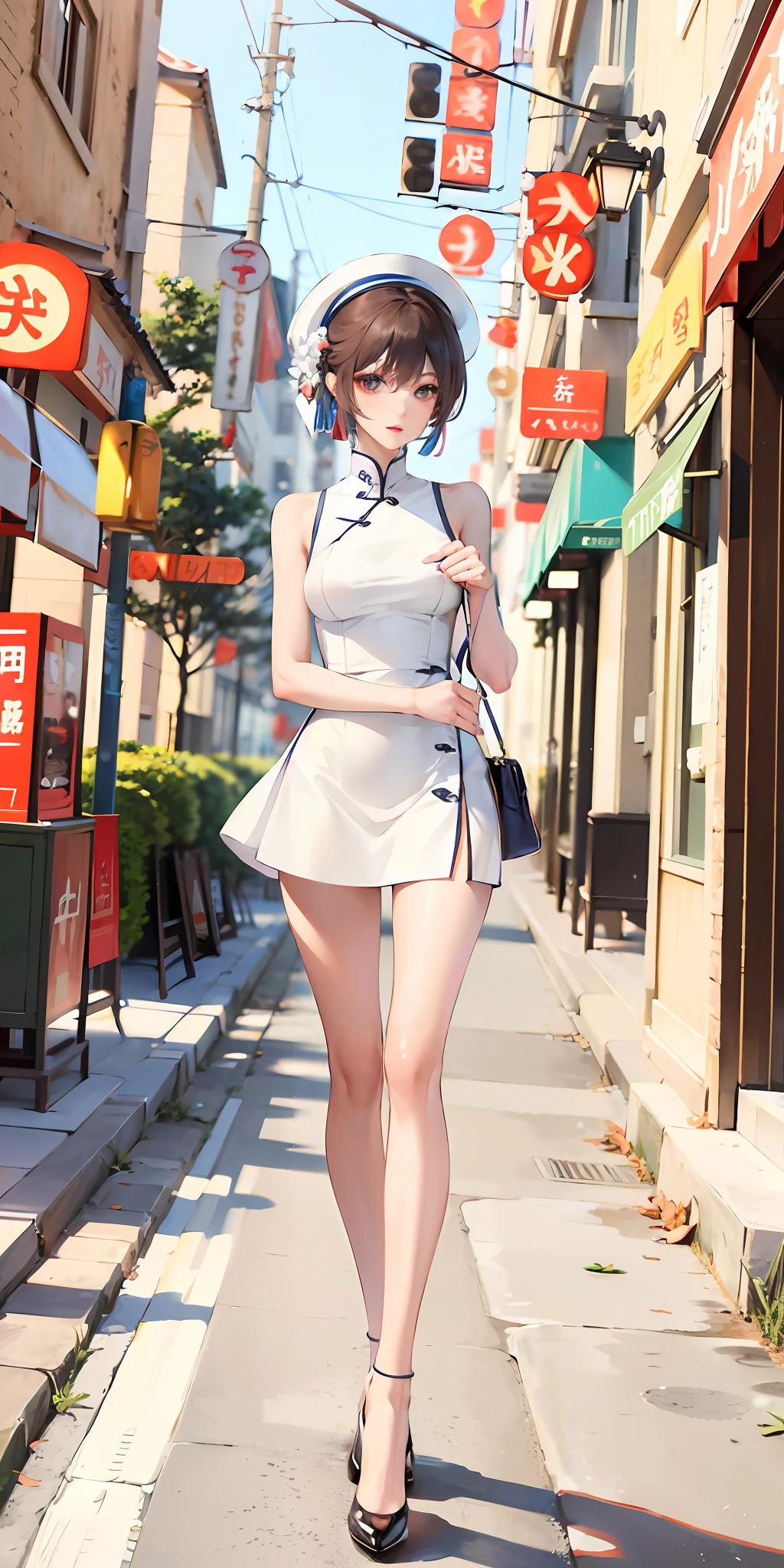 Elegant woman in white hip wrapped skirt, posing for photo, photo of slim girl model, beautiful face with arms and legs, very beautiful and slim legs, chinese girl, chinese female fashion model, chinese girl, photo of slim girl, attractive pose, beautiful bust shot, cowboy shot, cute elegant pose, street shot