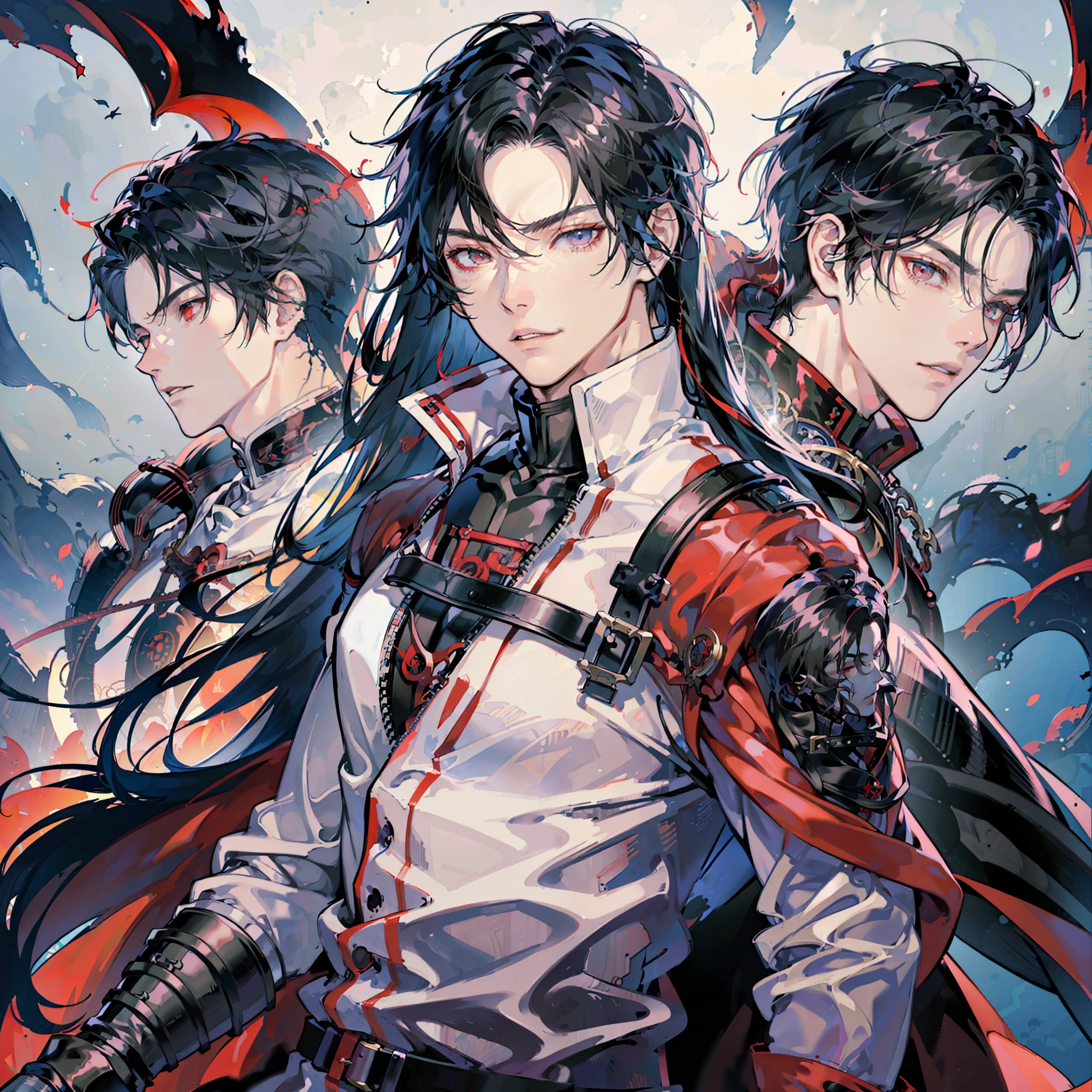 (((Final Fantasy, Vincent Valentine)),detailed face attractive man long black hair, anime character with red cape and zippers, turtleneck, 4k manga wallpaper, badass anime 8k, tetsuya nomura style, epic anime style, gold metal bracelet, with claws, shigenori soejima illustration, alucard, berserk style, inspired by Kawabata Ryūshi, futuristic tetsuo