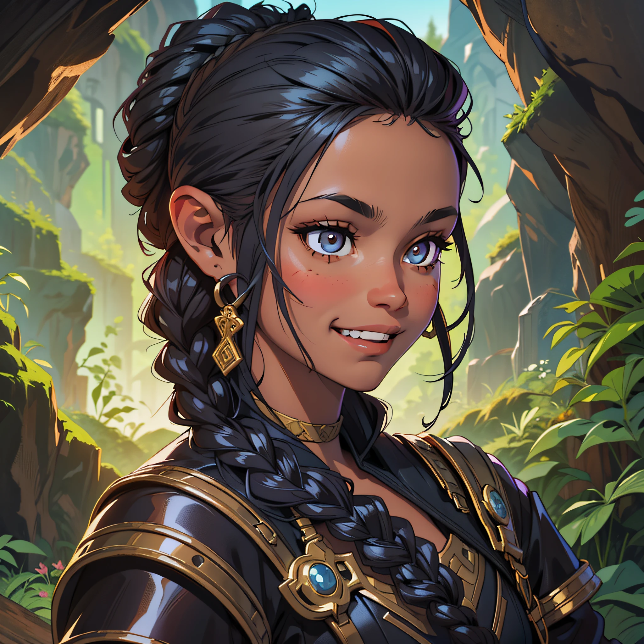 Portrait Rpg, close-up, Vector art, Race: Gnome, Gender: Female, Age: 18, Eyes color: Black, Skin color: Latin skin, Physique: Skinny complexion, Facial features: No mark in the face, Expression: happy look with a smile, Hair style: Black long braid , Equipment: Rogue fantasy clothes, Background: fantasy cave