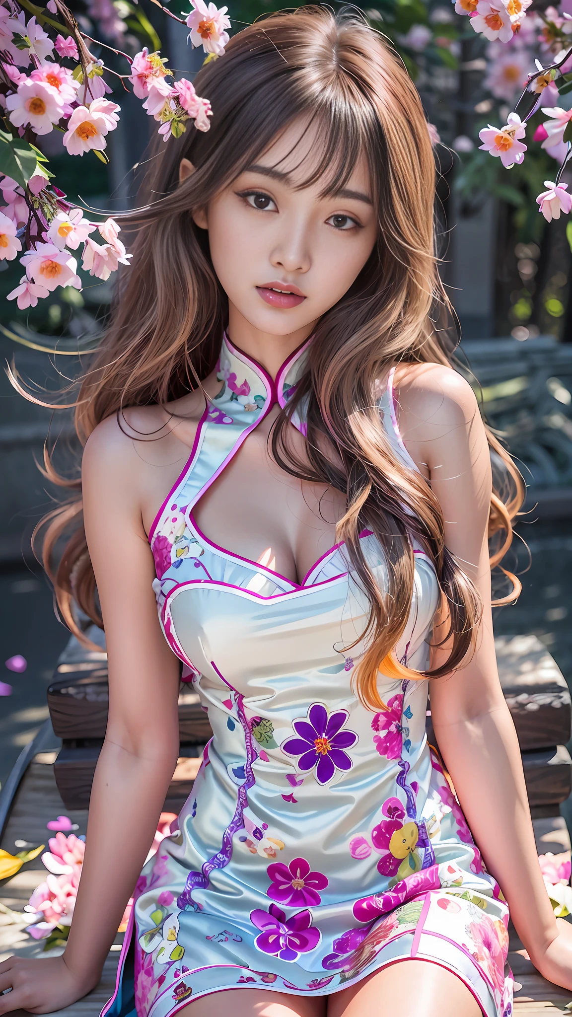araffe asian woman with long hair sitting on a bench, colourful long hair, asian girl with long hair, with long hair, cheongsam, long glowing colourful hair, gorgeous chinese model, flowing sakura-colored silk, with white long hair, long hair , full color, beautiful south korean woman, chinese girl, beautiful asian girl, long glowing ethereal hair