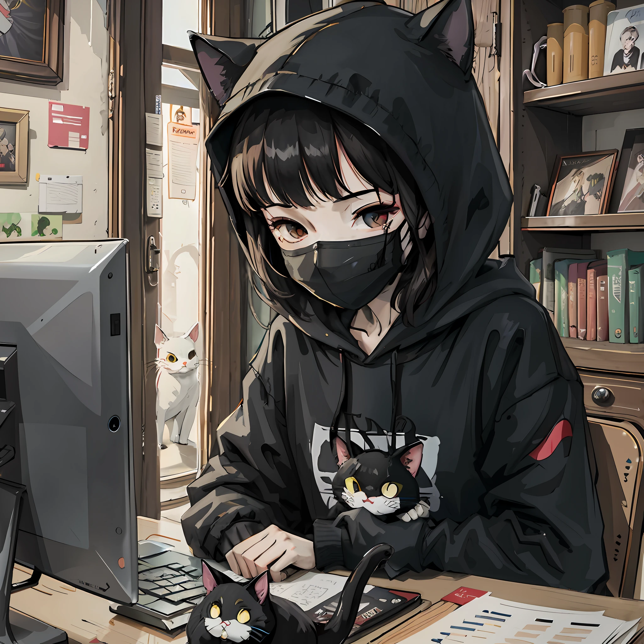 anime character with black cat hoodie sitting at a desk with a computer, anime style 4 k, anime catgirl, anime art wallpaper 4k, anime art wallpaper 4 k, artwork in the style of guweiz, cute anime catgirl, beautiful anime catgirl, anime girl with cat ears, anime style. 8k, anime art wallpaper 8 k