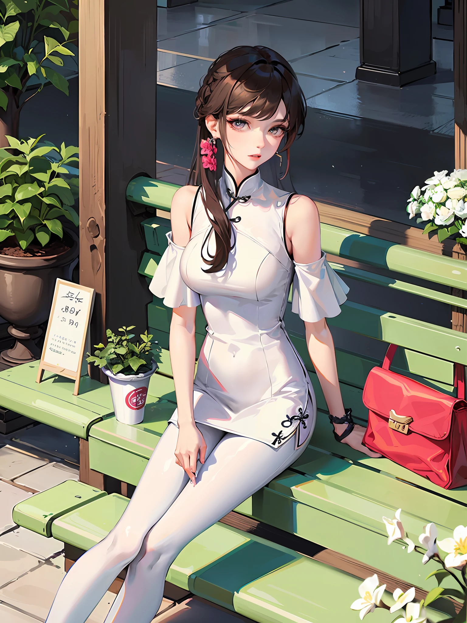 Elegant woman sitting on bench, expensive shoulder bag, gorgeous young woman, gorgeous Chinese model, Chinese girl, photo of slim girl, young cute girl, popular on cgstation, wearing tight simple clothes, smooth white tight clothes suit, attractive girl, beautiful korean woman, a cute young woman, beautiful young korean woman