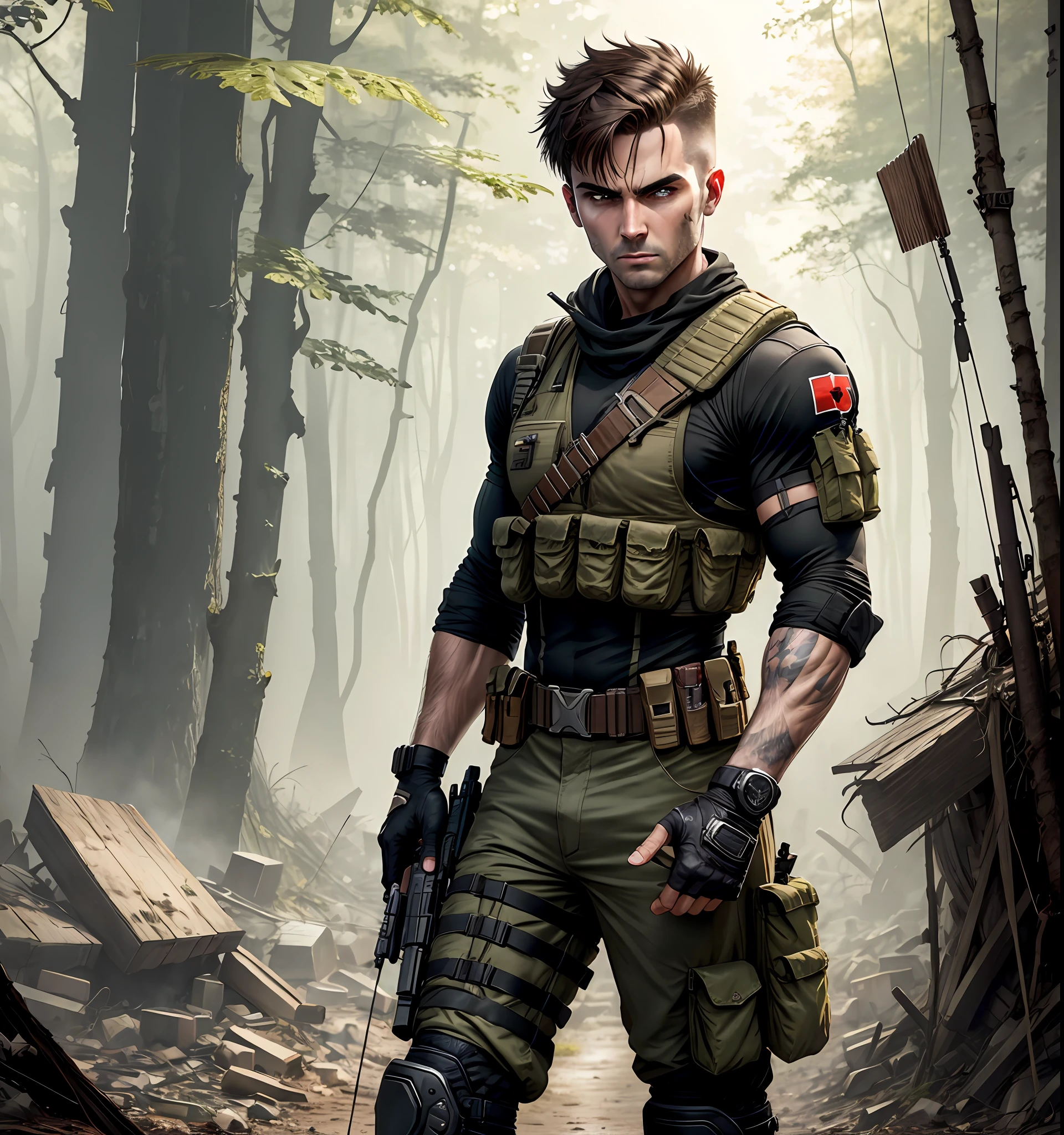 boots, canadian male, full body, aiming and firing a modern compound bow, arrow, knee pads, male focus, military, military uniform, pouch, brown hair, buzz cut hair, clean-shaven, solo, standing, , assault vest, drop-down pistol holster, jungle background, high-tech eye piece on right eye, battle, tanks, explosions, gritty war-torn atmosphere, black ops,