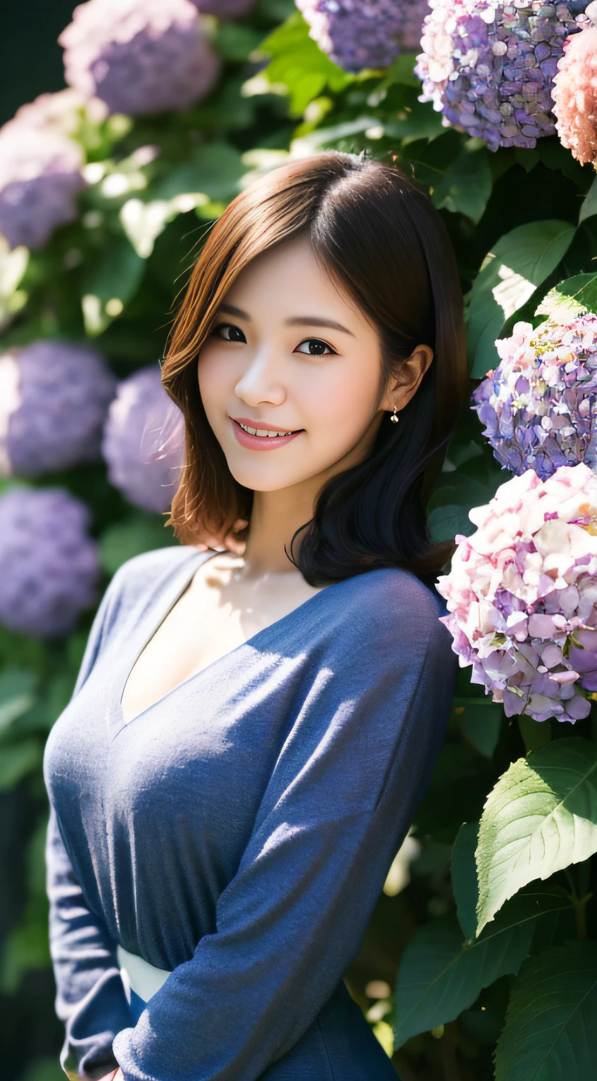 Top quality, masterpiece, ultra high resolution, full body portrait photo, small bust, dynamic fashion pose, (realism: 1.8), original photo, 1 girl, in the dark, deep shadow, low key, cold light, 40s Japan celebrity, casual outfit, natural smile, a lot of Japan hydrangea flowers on the background,