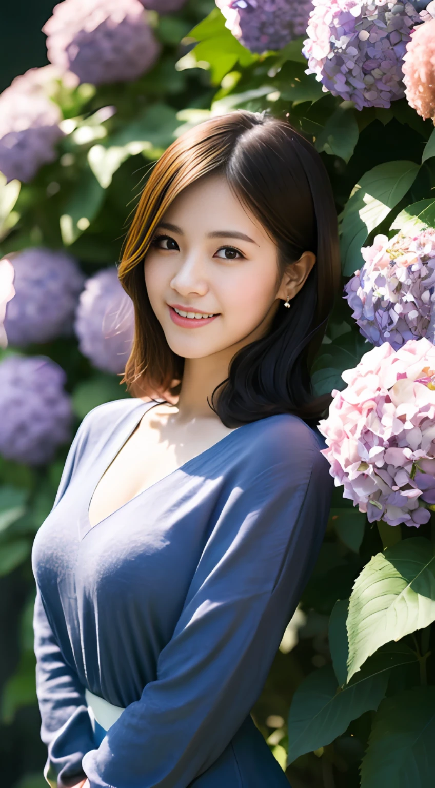 Top quality, masterpiece, ultra high resolution, full body portrait photo, small bust, dynamic fashion pose, (realism: 1.8), original photo, 1 girl, in the dark, deep shadow, low key, cold light, 40s Japan celebrity, casual outfit, natural smile, a lot of Japan hydrangea flowers on the background,
