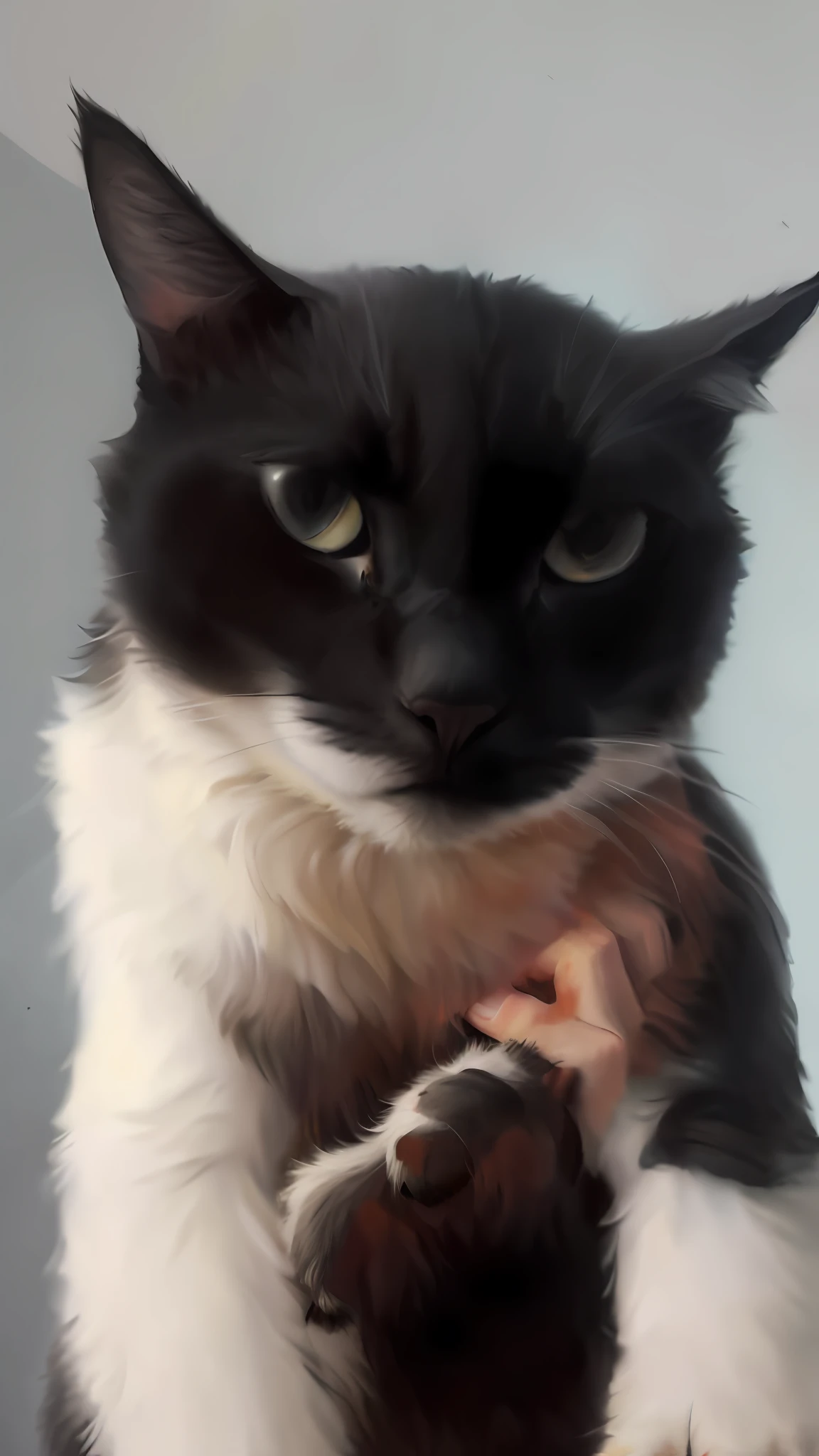 Animal, cat, oil painting, renaissance, realistic, sharp painting, ruffled on the neck, held by the hand of a human