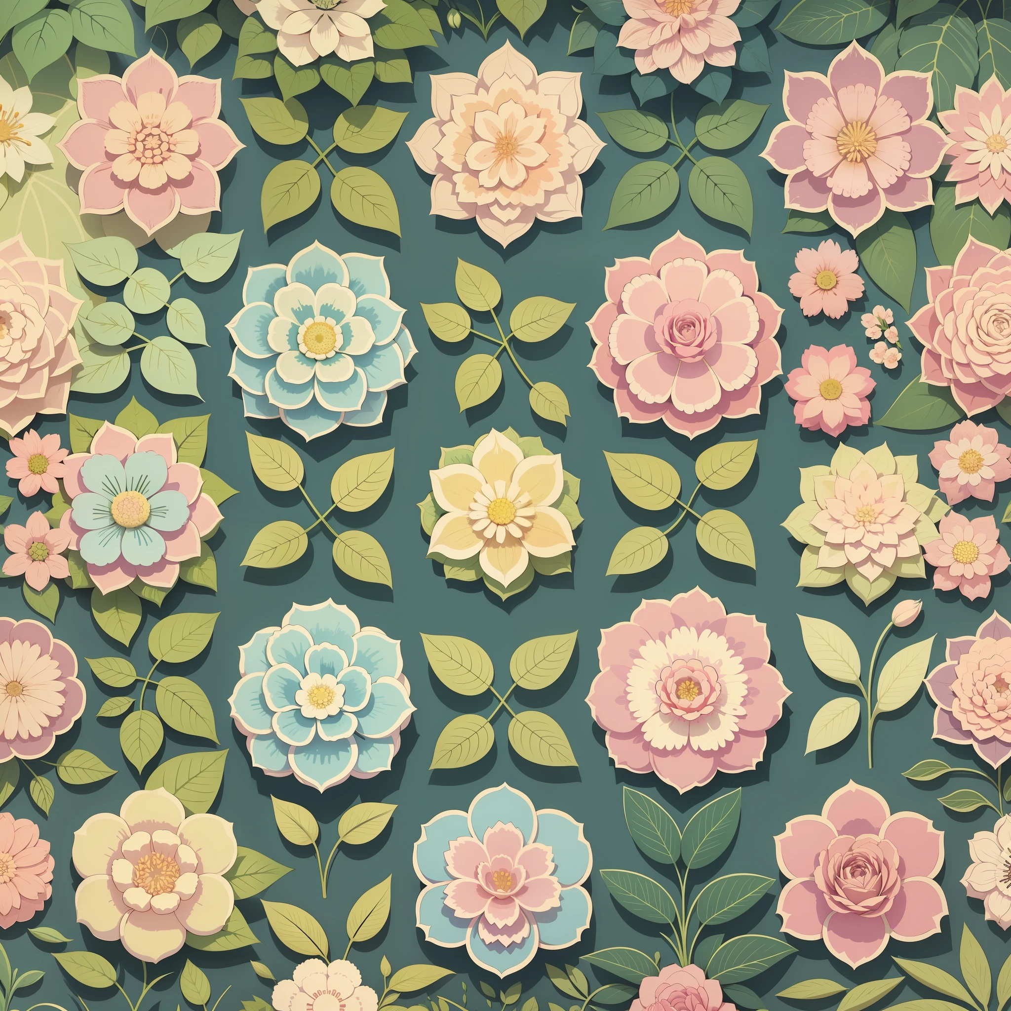 Set pattern of large flowers with plants, defined shape, flat style, vector style, drawing style, naïve style, wallpaper style, in soft pastel colors such as old pink, pastel blue, light blue, beige, pastel yellow. No shadows in the images.
