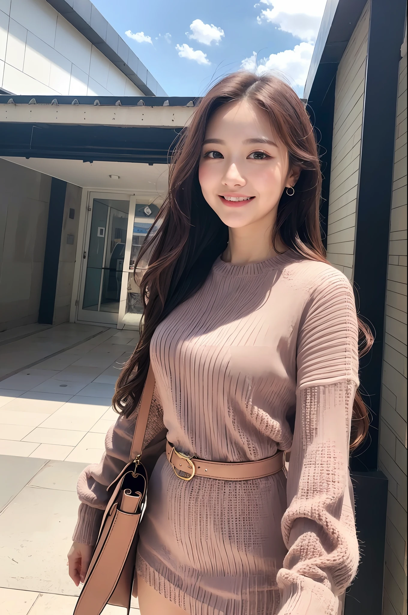 (8k, top quality, masterpiece: 1.2), (realistic, photorealistic: 1.37), super detailed, girl single, cute, solo, beautiful detailed sky, detailed café, morning, date, (blush), (smile: 1.15), (closed mouth), big, fine beautiful eyes, (knitted dress: 1.1), (long hair: 1.2), floating hair NovaFrogStyle, shoulder bag, miniskirt