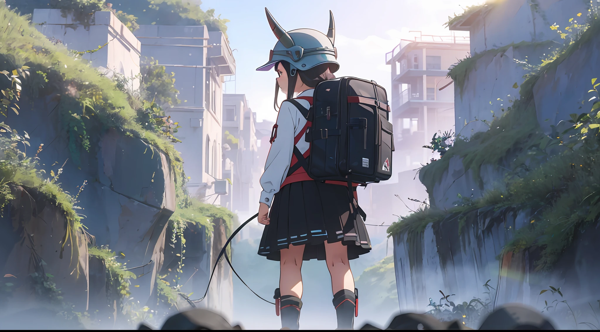 Three views, full body shot, the front view, the sideview, the back view, girl in the bull lord helmet, backpack, strap skirt, black-framed glasses, Pixar style --ar 16:9 --auto --s2