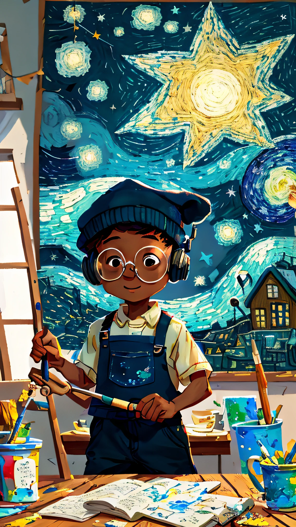 A black boy, round glasses, apron, painter, holding a brush, beanie, headphones, painting, happy, happy, perfect quality, clear focus (clutter - house: 0.8), (masterpiece: 1.2) (realistic: 1.2) (bokeh) (best quality) (detailed skin: 1.3) (intricate details) (8K) (detail eyes) (sharp focus), (happy), in the background Van Gogh's starry night, starry night painting, beautiful UHD art 4 k, Starry Night, by Van Gogh, Starry Night!!!!!!!!!!!!!!!!!!!!, painting by Van Gogh