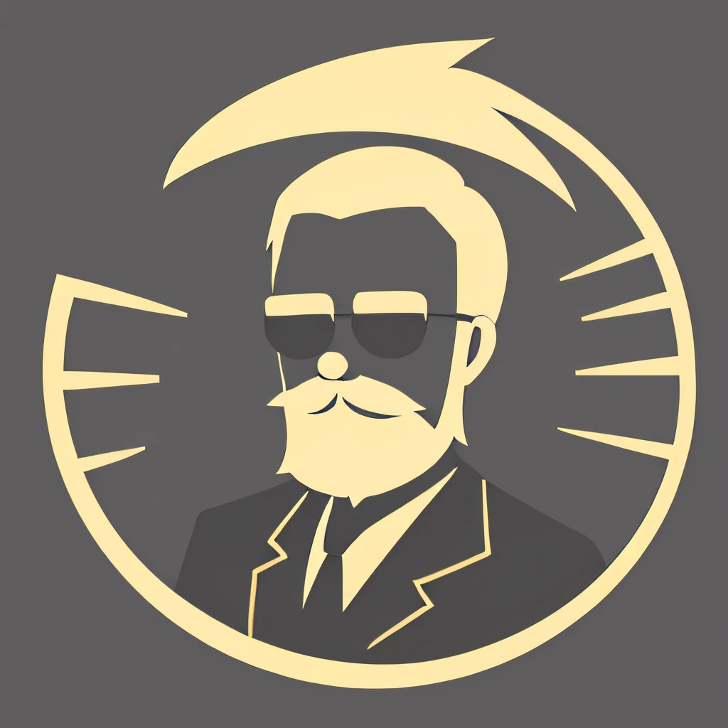 logo minimalist, 1guy, solo, blond short hair dressed upwards, black background, curly medium lenght beard, light golden sight glasses, and an edge curved mustache