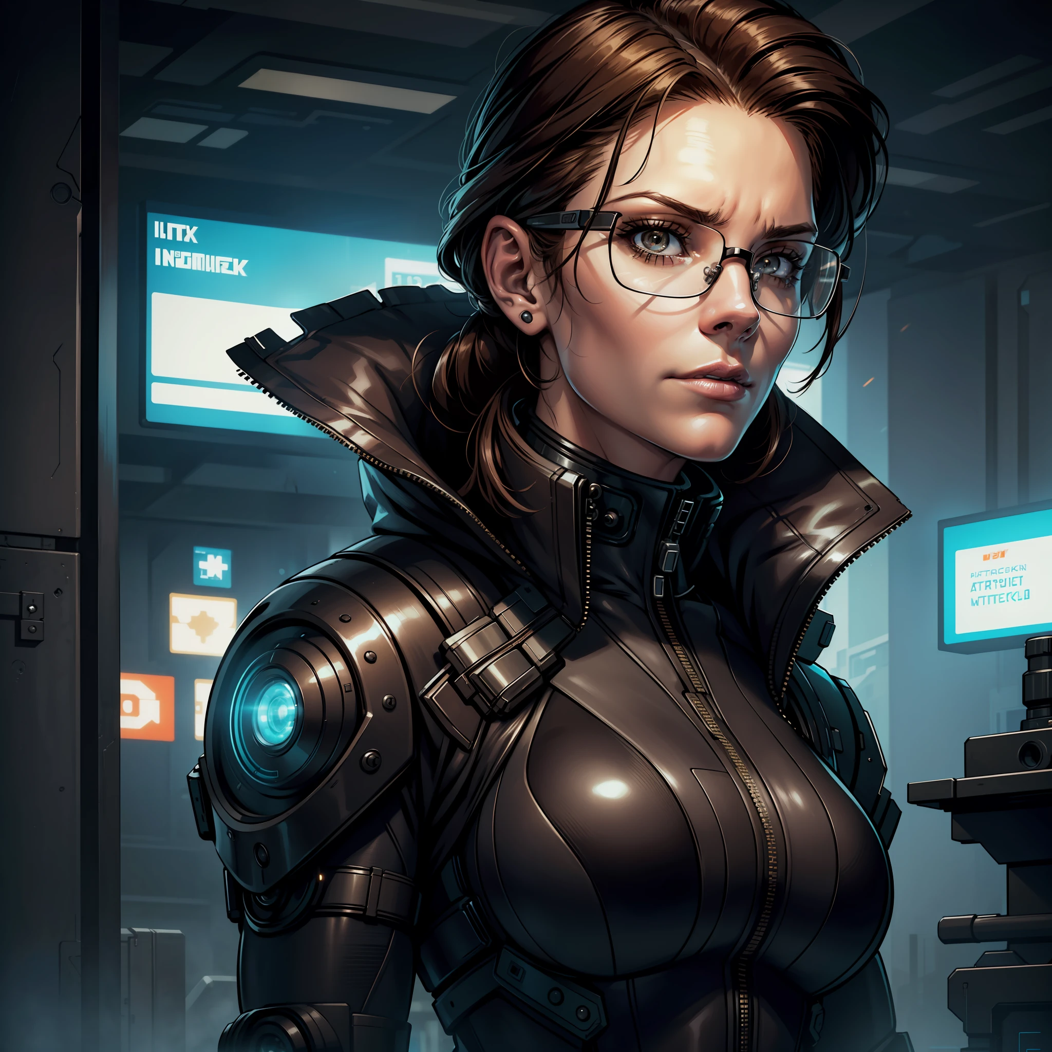 "(cyberpunk military scientist:1) (1woman) dark theme :: focus on closeup face, curious face, Katee Sackhoff face, ultra realistic futuristic cyberpunk tall athletic woman, :: medium brown hair, futuristic glasses nerd :: inside cyberpunk office :: brown eyes :: natural lighting :: bokeh :: 8k :: best quality :: masterpiece :: insanely detailed:1.5"