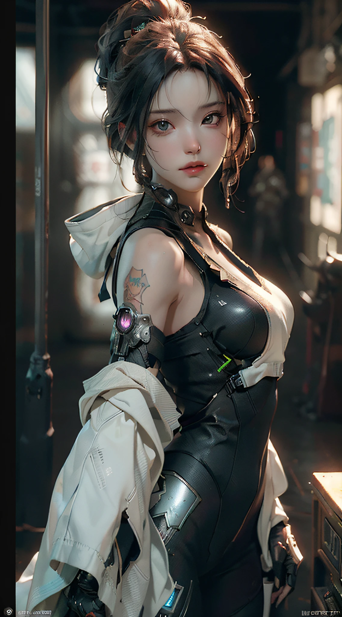 ((Best quality)), ((masterpiece)), (detailed:1.4), 3D, an image of a beautiful cyberpunk female,HDR (High Dynamic Range),Ray Tracing,NVIDIA RTX,Super-Resolution,Unreal 5,Subsurface scattering,PBR Texturing,Post-processing,Anisotropic Filtering,Depth-of-field,Maximum clarity and sharpness,Multi-layered textures,Albedo and Specular maps,Surface shading,Accurate simulation of light-material interaction,Perfect proportions,Octane Render,Two-tone lighting,Wide aperture,Low ISO,White balance,Rule of thirds,8K RAW,