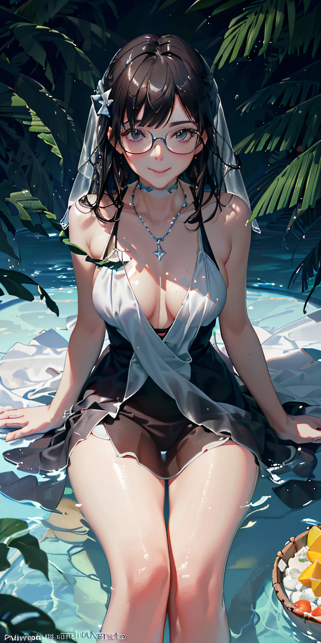 Use your right hand to macro shoot a picnic scene themed on a tropical beach holiday in summer. The protagonists of this picture are (top quality, 8k, masterpiece: 1.3)), focus: 1.2, perfect body beauty: 1.4, (((delicate long hair)), (dress: 1.1), (room, two women sitting on bed, very detailed face and skin texture, fine eyes, double eyelids, breast enlargement, whitening skin, smiling, wearing a necklace. The lens focuses on glasses, fruits, dazzling midday sun, fisheye lenses, distant views, hearty meals, (splash: 1.6), ice, (picnic scene: 0.5) (cute desserts: 0.4), dripping. Carbonated drinks, translucent liquids, daytime outdoor lights (beach 1.5), tropical plants, hot climate, HD detail, wet watermark, hyper detail, cinematic, surrealism, soft light, deep field focus bokeh, ray tracing, diffuse (ultra-fine glass reflection), surrealism.
