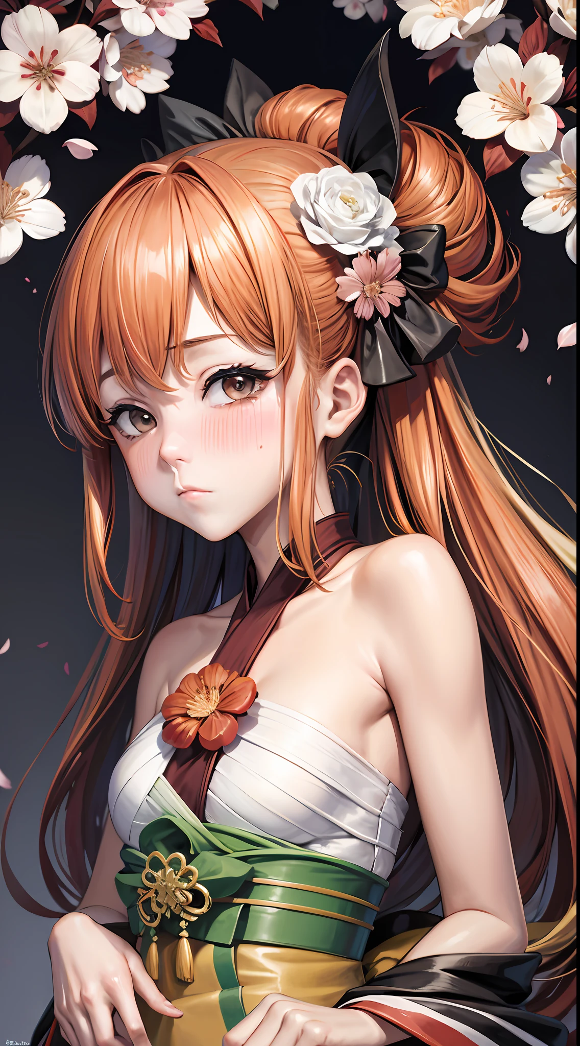 masterpiece, 1girl, solo, orange hair, sarashi, bandage, sarashi, neckline, bare shoulders, kimono, (all four: 1.2), blush, cherry blossoms, grass, expression of shame, embarrassed