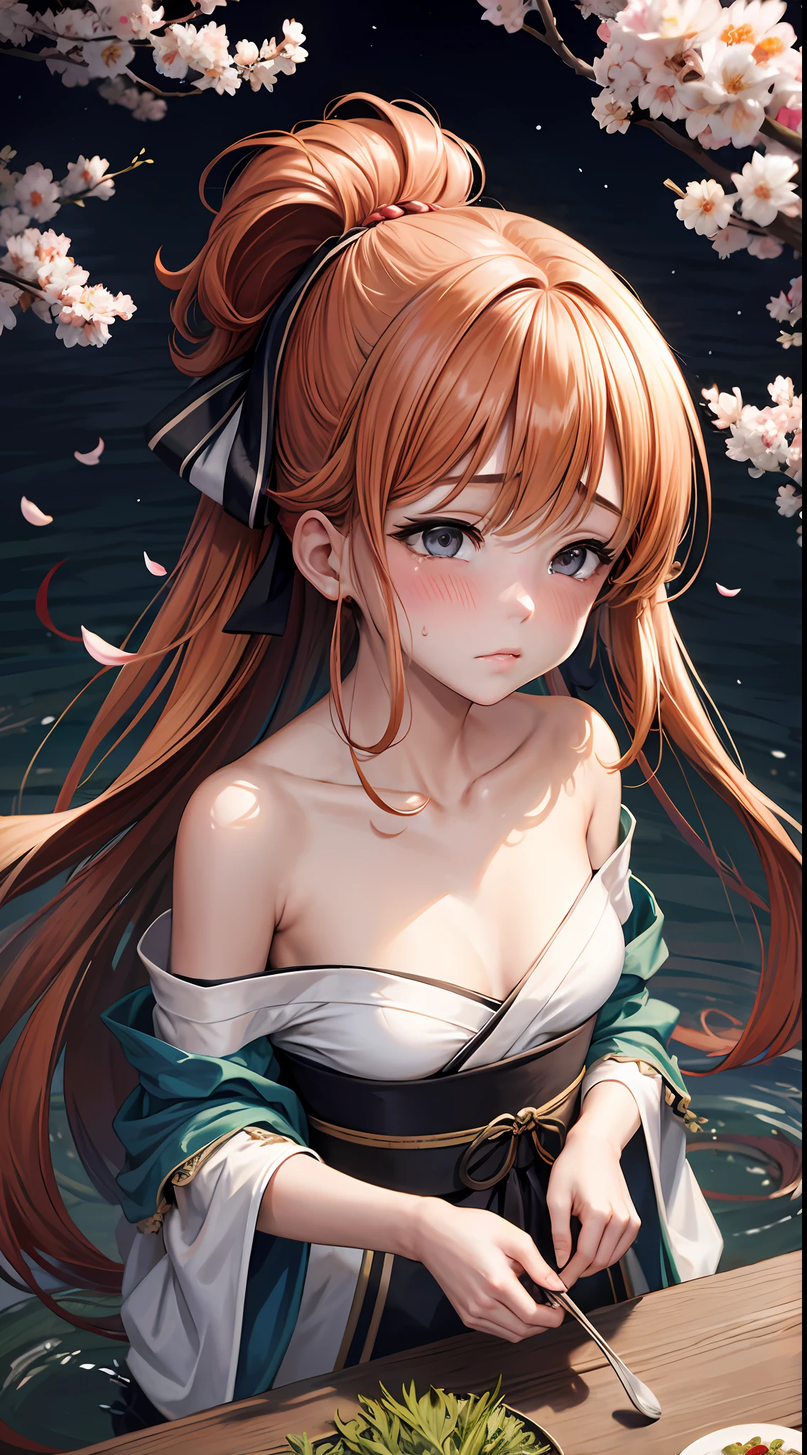 masterpiece, 1girl, solo, orange hair, sarashi, bandage, sarashi, neckline, bare shoulders, kimono, (all four: 1.2), blush, cherry blossoms, grass, expression of shame, embarrassed
