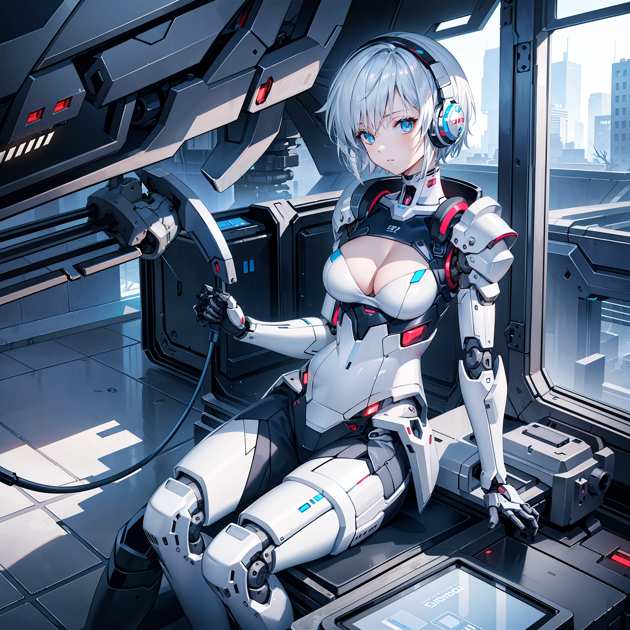 breasts, 1girl, rating:safe, blue eyes, cleavage, cyborg, mechanical arms, robot joints, joints, headphones, armor, short hair, gun, silver hair, weapon, prosthesis, android, large breasts, prosthetic arm, sitting, looking at viewer, headset, solo, white hair, mechanical parts, shoulder armor