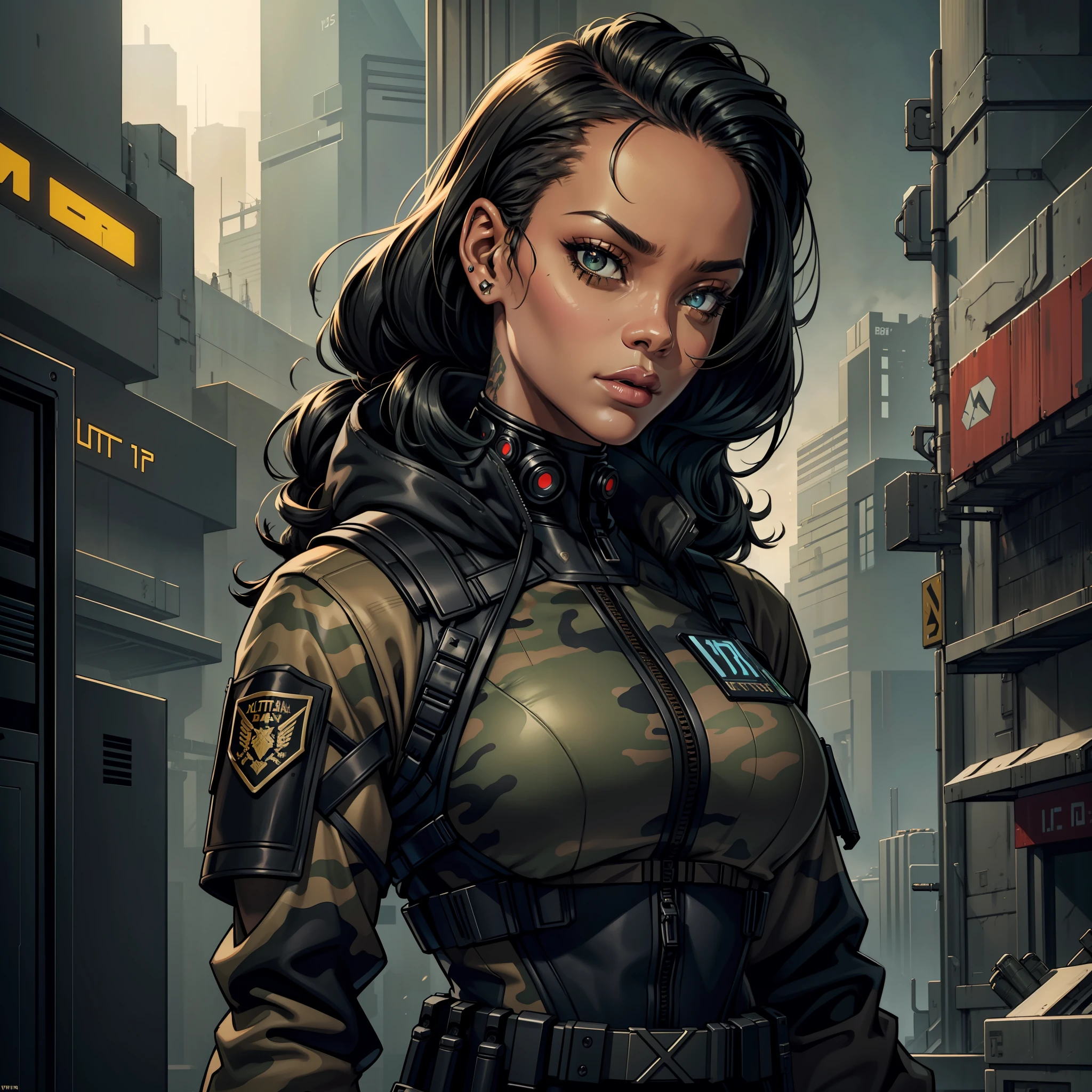 "(metallic military tactical uniform beige camouflage military cyberpunk:1) (1blackwoman) dark theme :: focus on closeup face, inquisitive face, Rihanna face, ultra realistic futuristic cyberpunk athletic black woman, :: wild animals around :: plants growing around :: long black hair :: cool cyberpunk military vest, beige eyes :: natural lighting :: bokeh :: 8k :: best quality :: masterpiece :: insanely detailed:1.5"