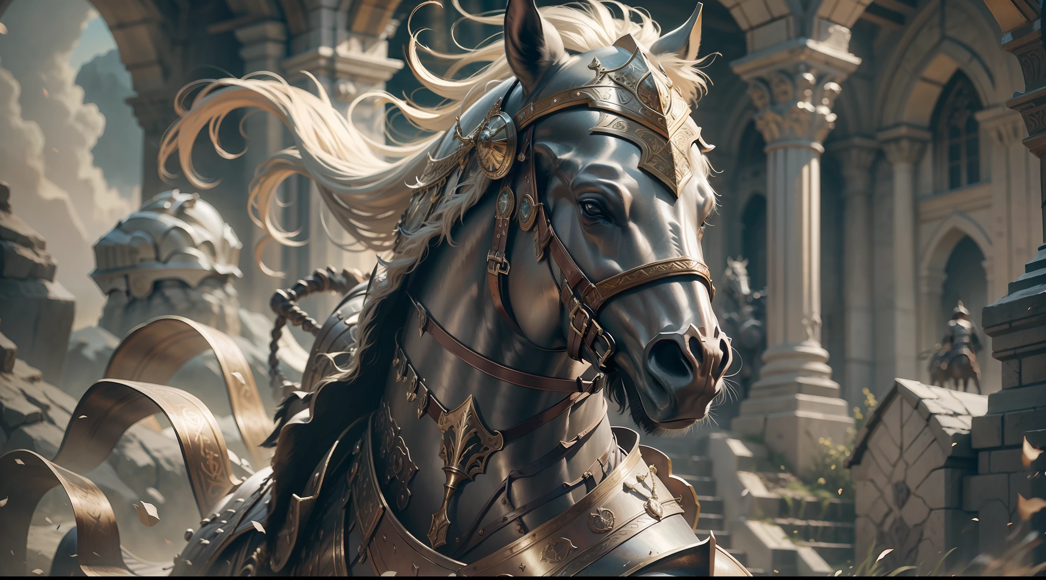 medieval warrior,armor, beautiful, realistic portrait, best quality, higher details, soft cinematic lighting, jewelry, dynamic pose,on top of a horse,ultra realistic,battle background.