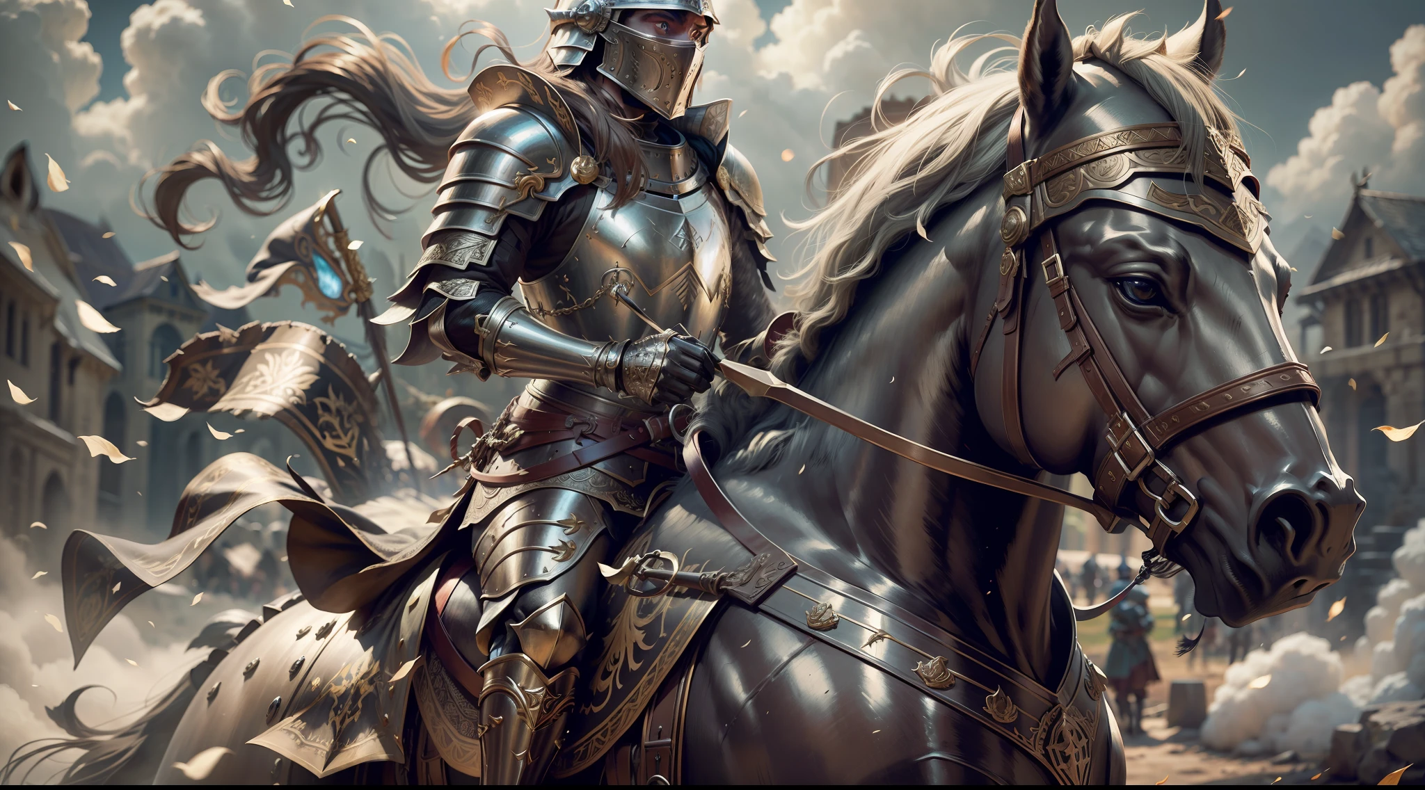medieval warrior,armor, beautiful, realistic portrait, best quality, higher details, soft cinematic lighting, jewelry, standing, dynamic pose,on top of a black horse,ultra realistic,battle background.