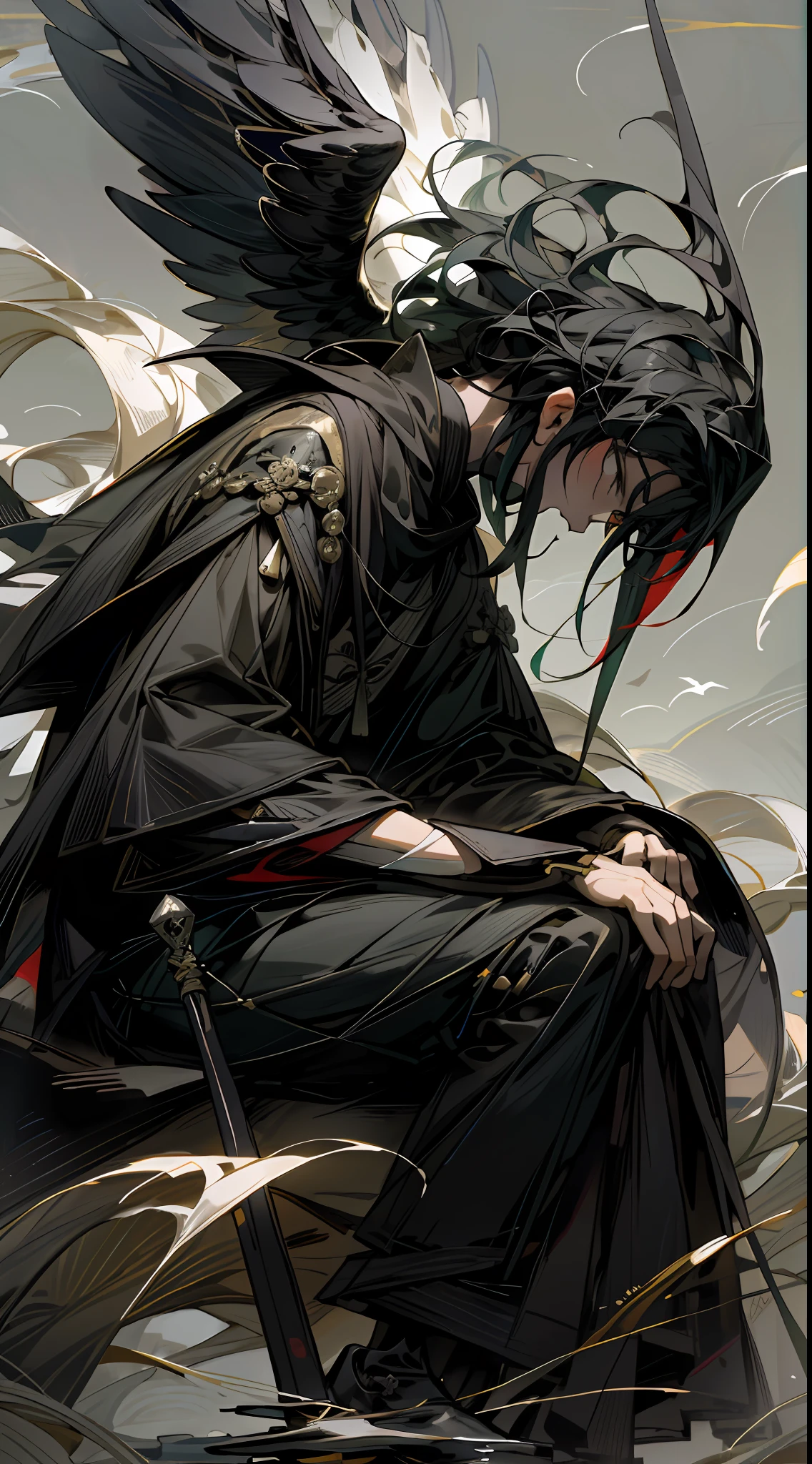 Crows and boy,tei tsumi ze hd wallpaper, in the style of kris knight, rhads, accurate ornithological paintings, calming and introspective aesthetic, kawacy, flowerpunk, havencore,大师之作