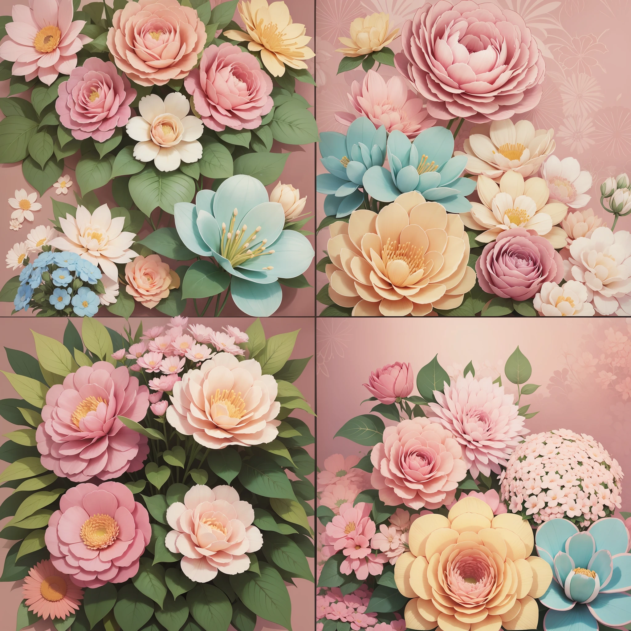 Set pattern of large flowers with plants, defined shape, flat style, vector style, drawing style, naïve style, wallpaper style, in soft pastel colors such as old pink, pastel blue, light blue, beige, pastel violet, pastel yellow and white. No shadows in the images.