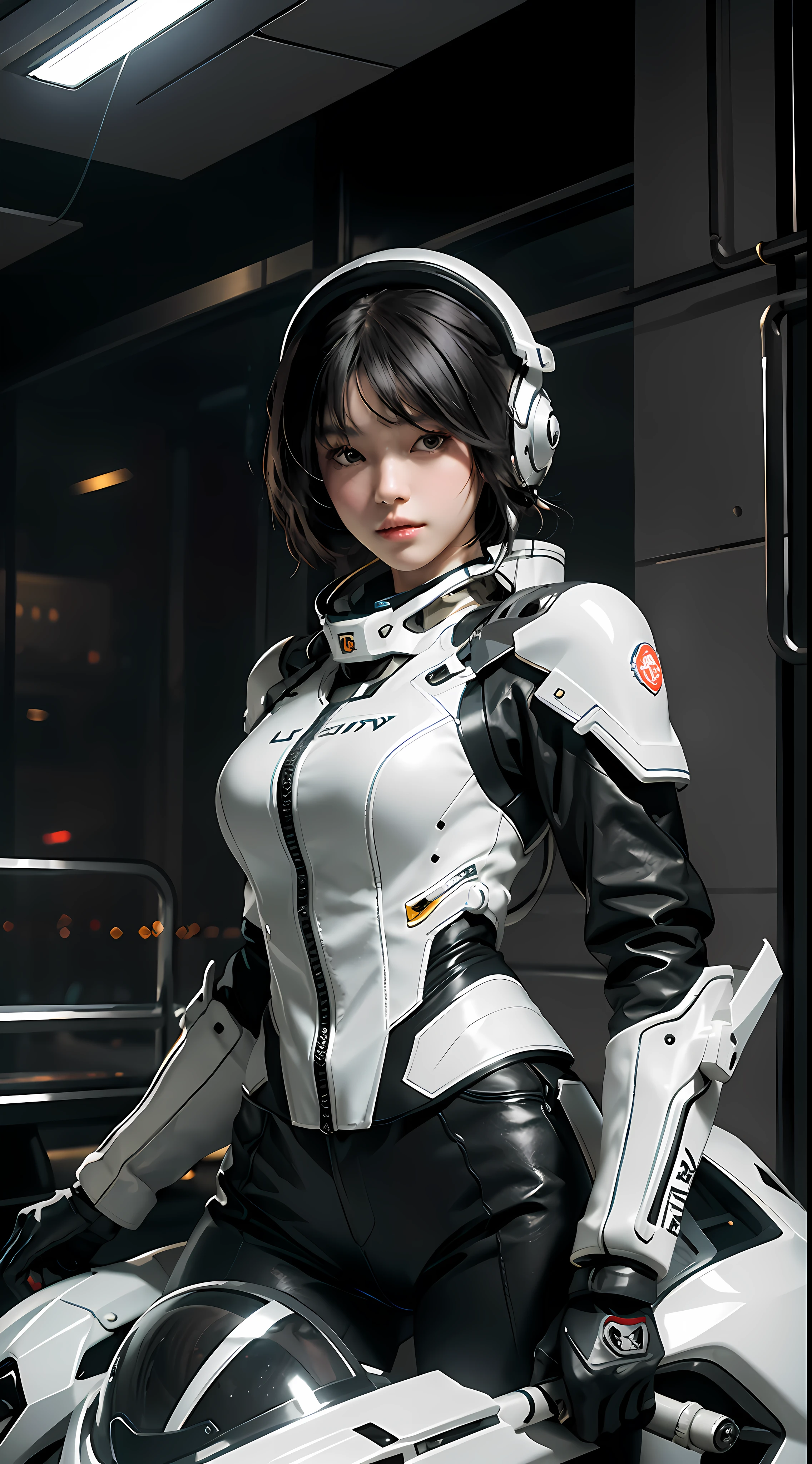 Highest image quality, outstanding details, ultra-high resolution, (fidelity: 1.4), the best illustration, favor details, highly condensed 1girl, with a delicate and beautiful face, dressed in black and white mecha, wearing a mecha helmet, holding a direction controller, riding on a motorcycle, the background is a high-tech lighting scene of the future city.