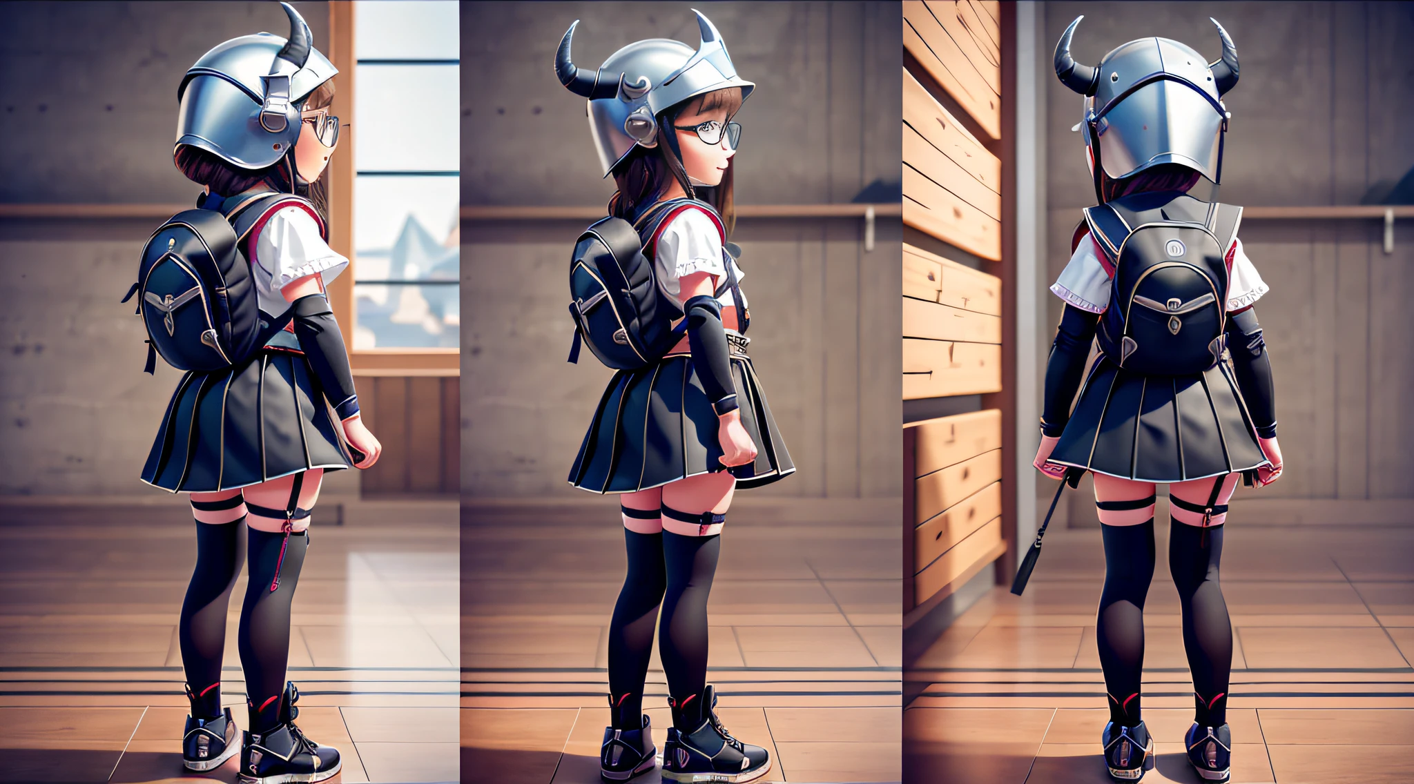 Three views, full body shot, the front view, the sideview, the back view, little girl in the bull lord helmet, backpack, strap skirt, black-framed glasses, Pixar style --ar 16:9 --auto --s2