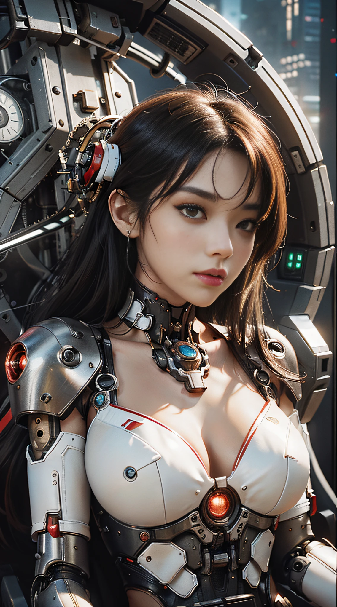 Highest quality, outstanding detail, super high resolution, (fidelity: 1.4), best illustration, favor details, close-up, a mecha girl, with a delicate and beautiful face, ((red and white semi-mechanical body: 1.8)), (big breasts: 1.2), sexy, cleavage, sitting on the sofa, front, cyberpunk, futuristic, mechanical aesthetics, complex machinery, high-tech lighting scene of the futuristic city, virtual engine 5, perfect detail rendering, octane rendering, ultra HD