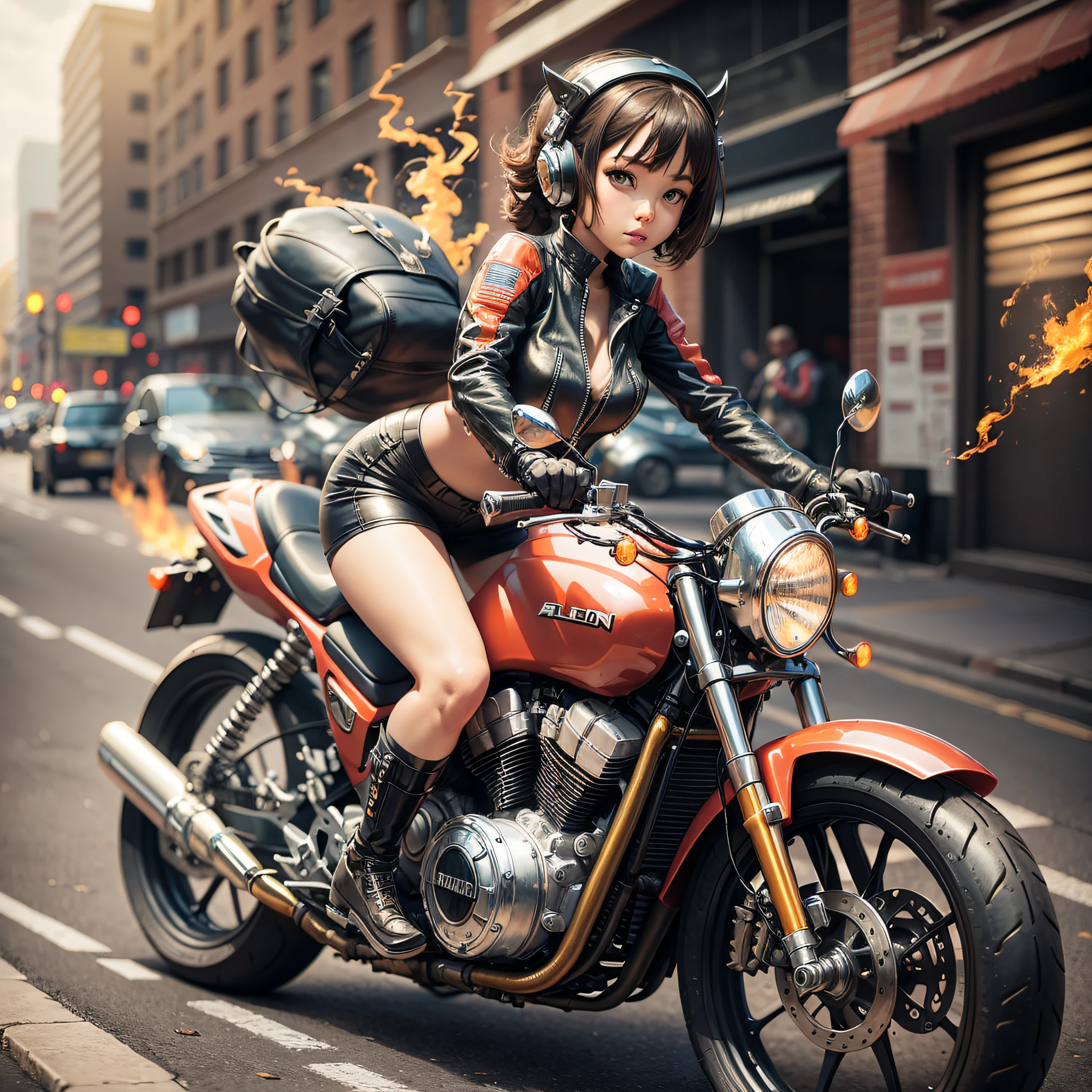 (detailed description) (high quality) alien girl driving a motorcycle with flaming tires --auto --s2