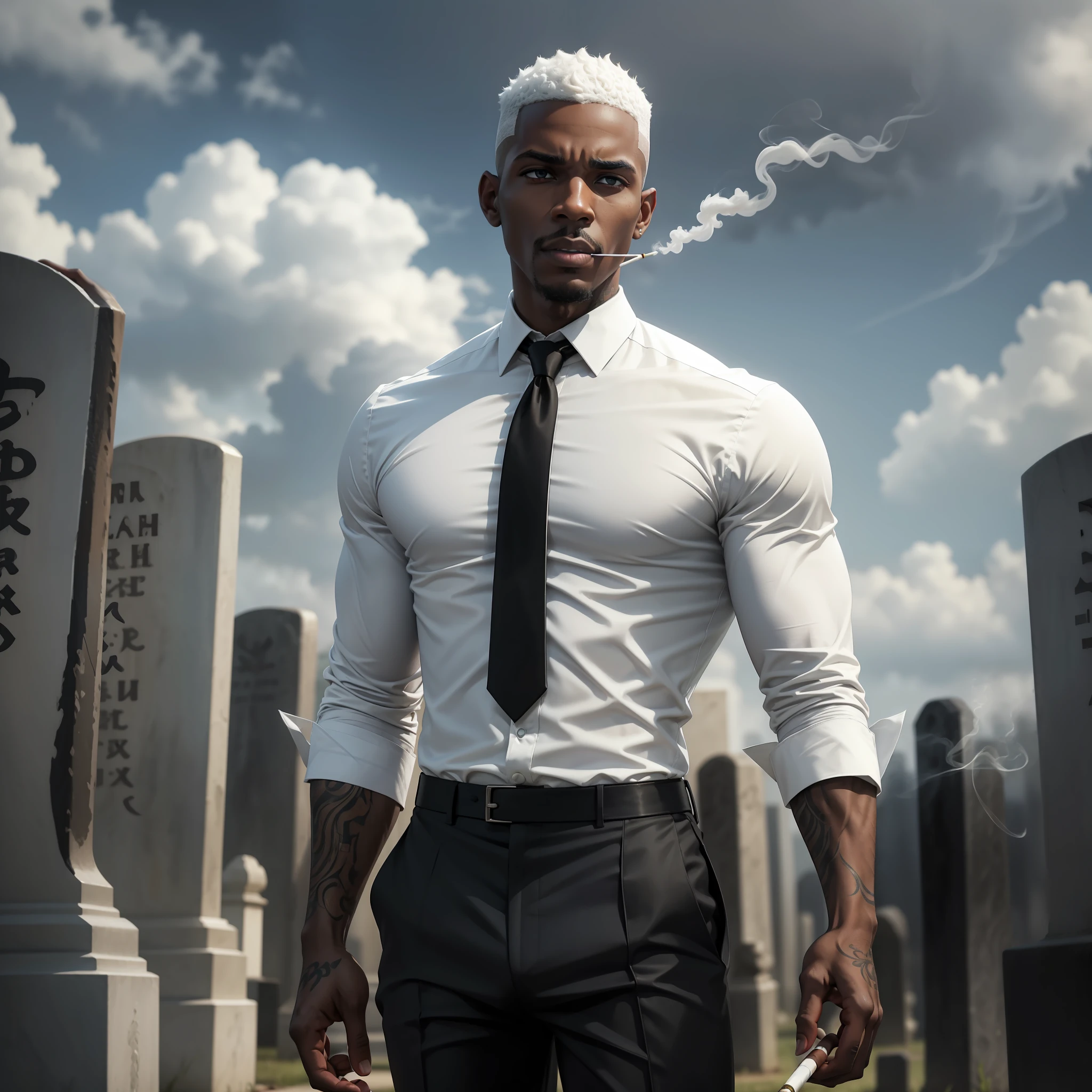 Black man with short hair, white hair, low fade cut, wearing a white dress shirt, a black tie, black pants, strong and tall man, smoking a cigarette, cemetery, cloudy day, 8k, ultra realistic, very detailed, folded sleeves, arm with tattoos, cinematic