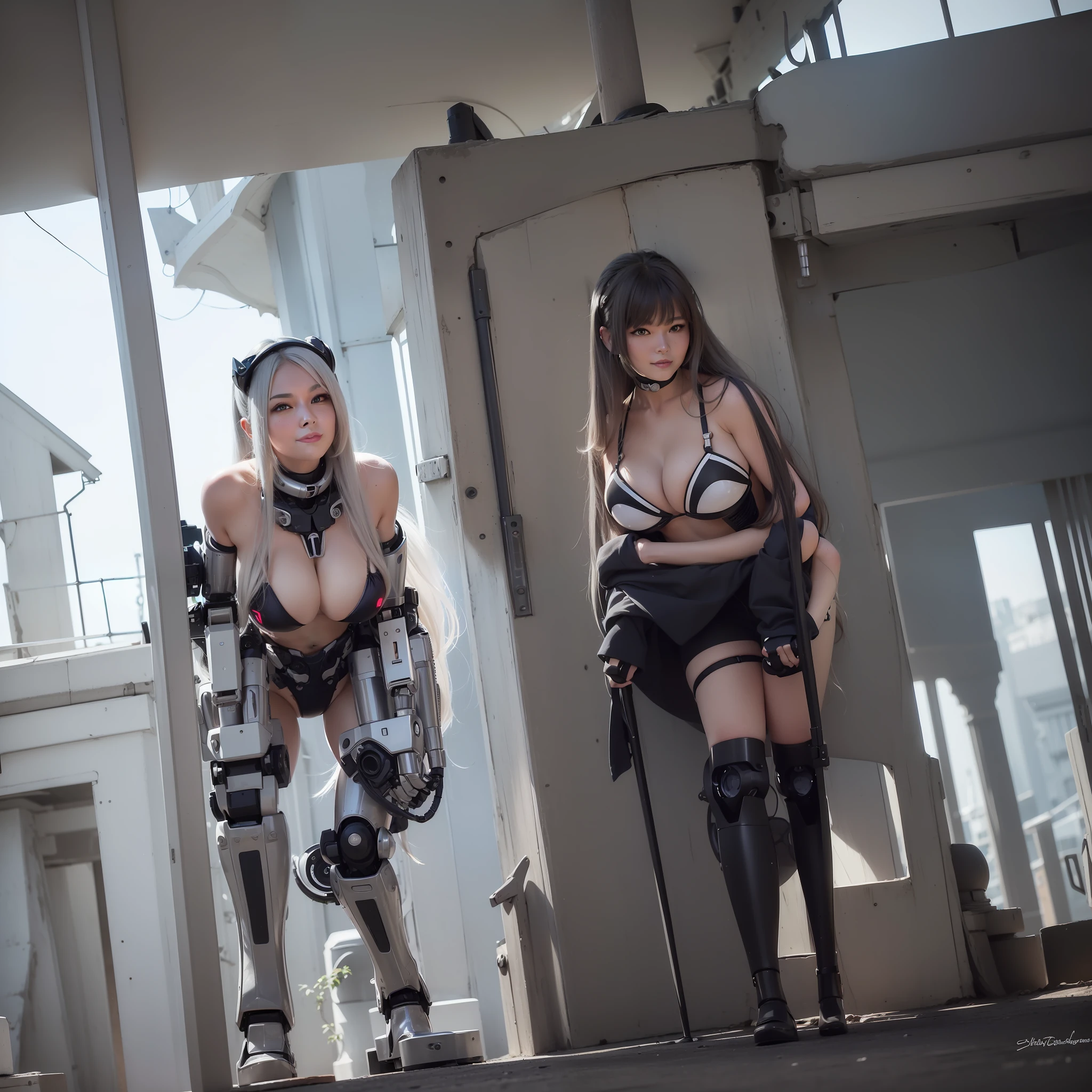 Beautiful Face,1 Woman, Curvaceous, Top Quality, Masterpiece, Ultra Detailed, (((Bikini Cyborg Robot Parts)))), (Light Grey Hair), Long Hair, Wavy Hair, Twin Tails, Medium Shot, (((Seductive Smile)), (Black Eyes), Princess Cut, (Cowboy Shot),Squatting,Spread Your Legs,