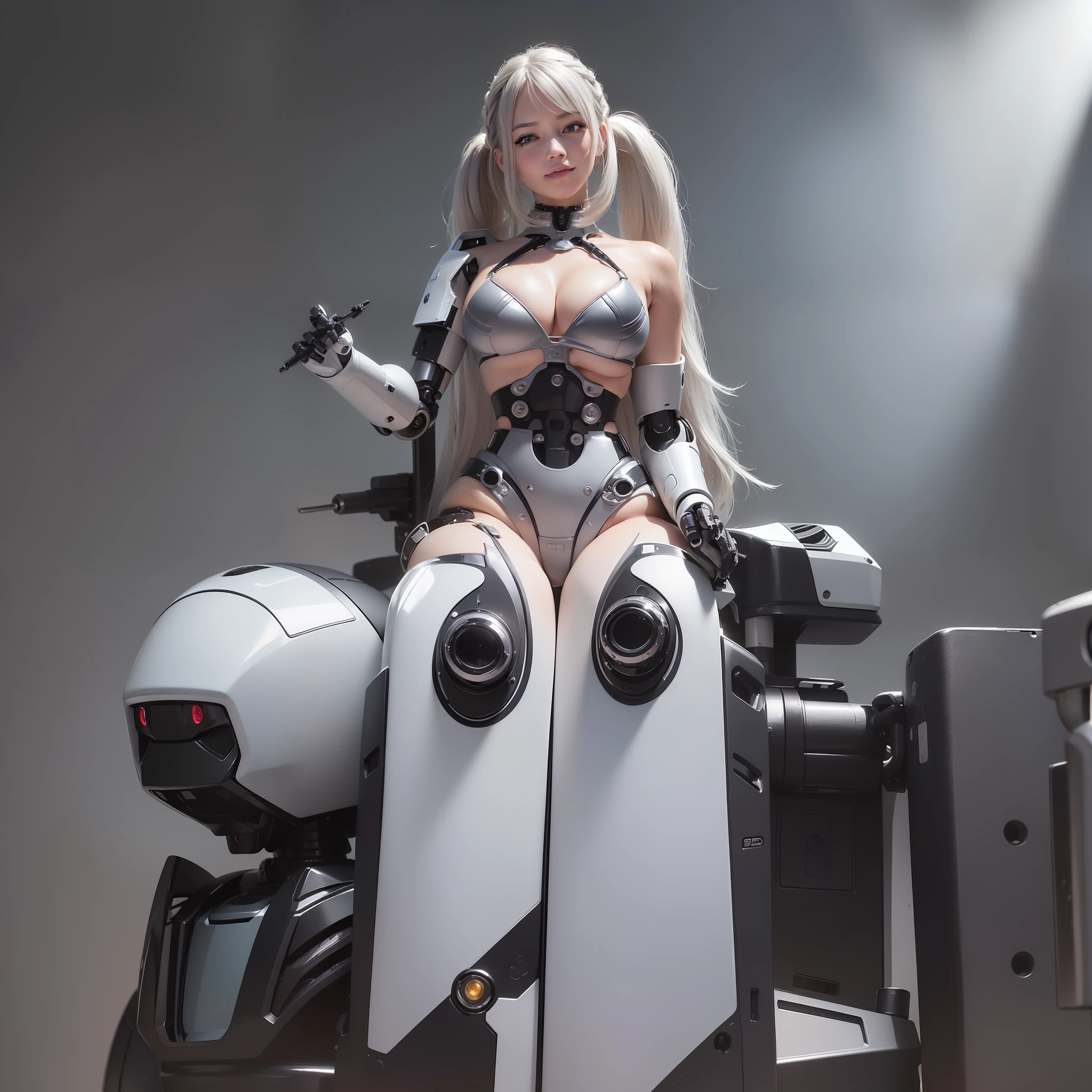 Beautiful Face,1 Woman, Curvaceous, Top Quality, Masterpiece, Ultra Detailed, (((Bikini Cyborg Robot Parts)))), (Light Grey Hair), Long Hair, Wavy Hair, Twin Tails, Medium Shot, (((Seductive Smile)), (Black Eyes), Princess Cut, (Cowboy Shot),Squatting,Spread Your Legs,
