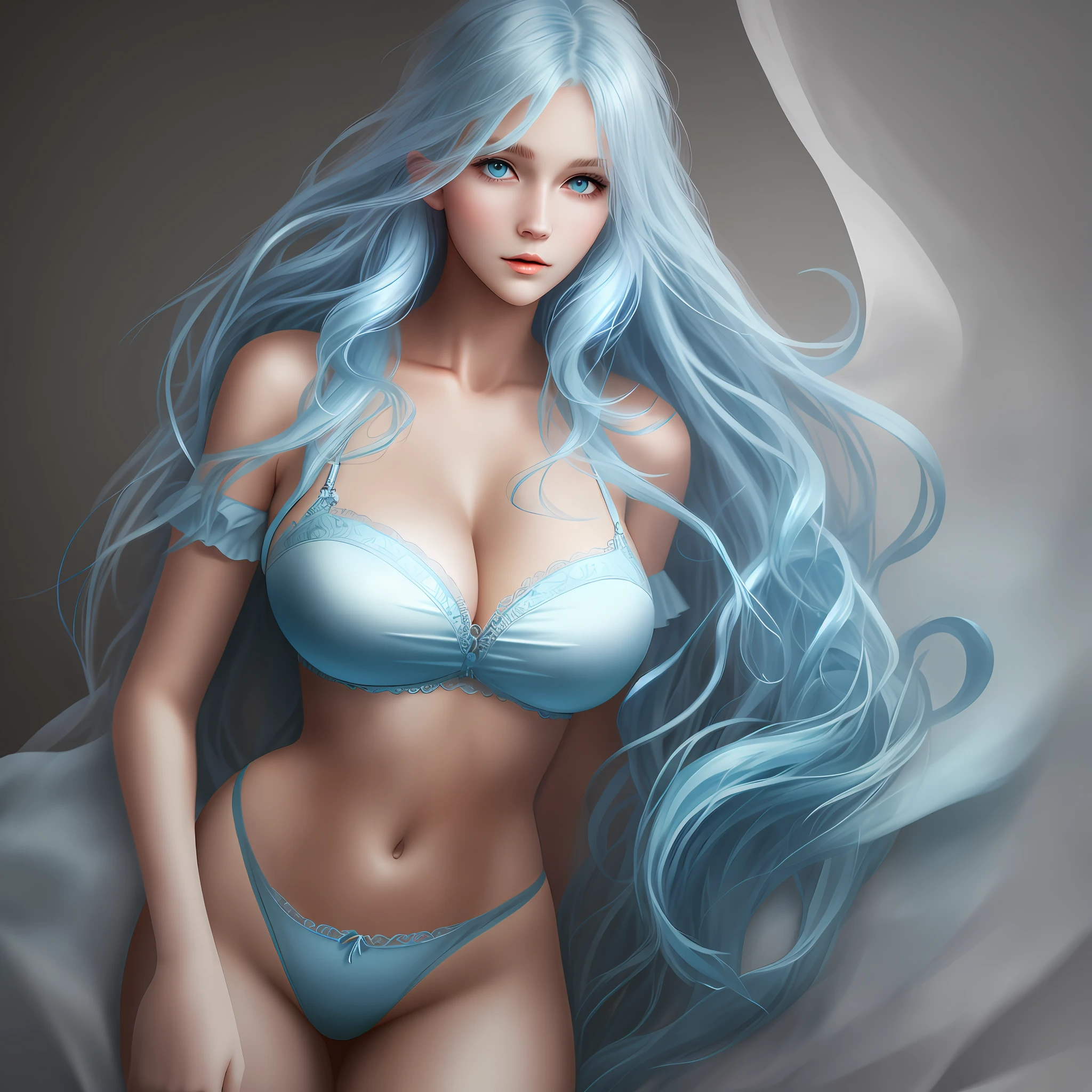 Light blue hair, wavy hair, sexy eyes, big breasts, realistic face