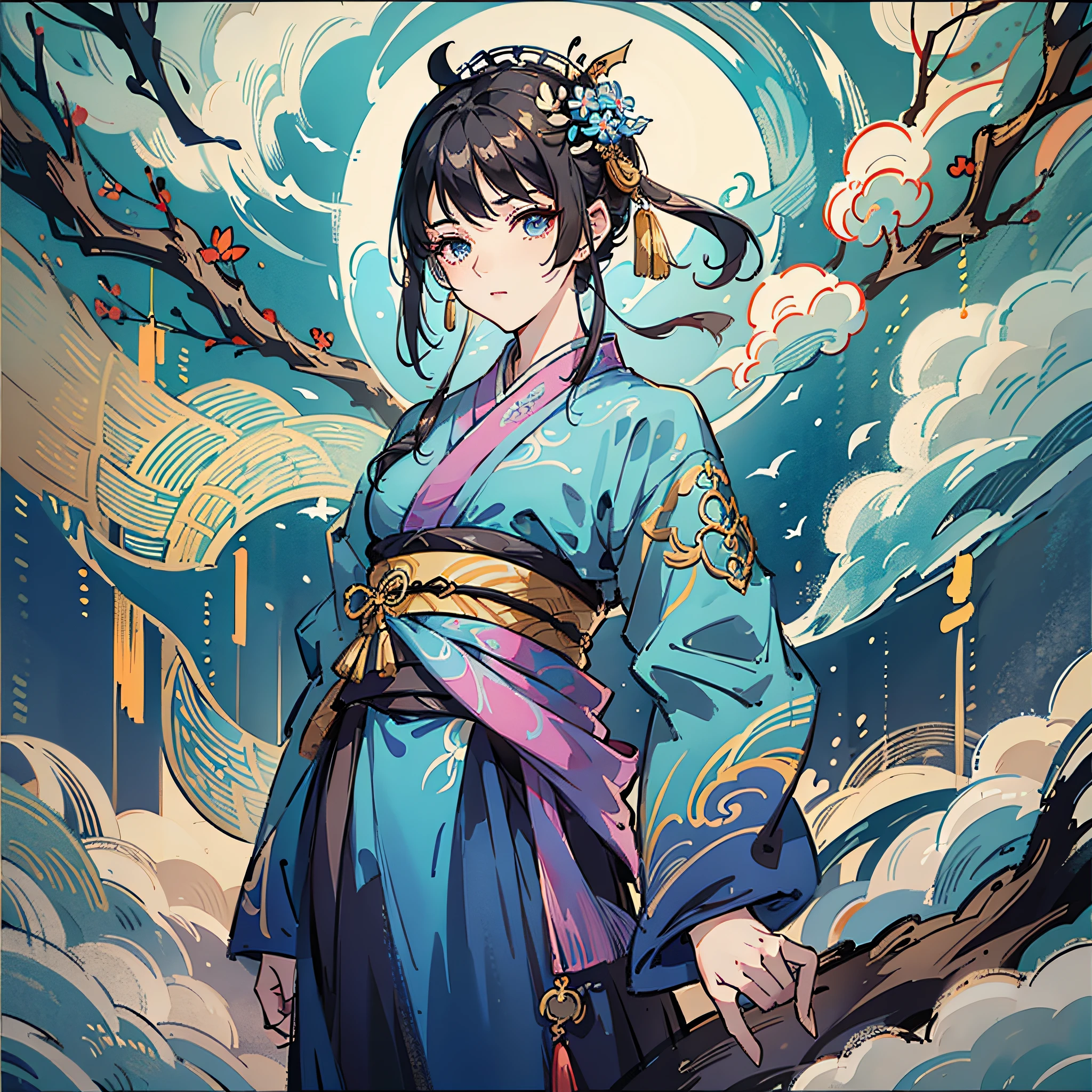 surrounded by birds, ,landscape,ink style, Hanfu, female, line draft, wearing blue Hanfu,   has a good face, fair and smooth skin, delicate face, sharp eyes, clear eyebrows, ultra HD, the painting style refers to  Song Huizong and Wu Guanzhong, the style of the ancient Sui and Tang Dynasties,wind dancing posture,--ar 9:16 --niji 5 --s 400 --style expressive --auto --s2