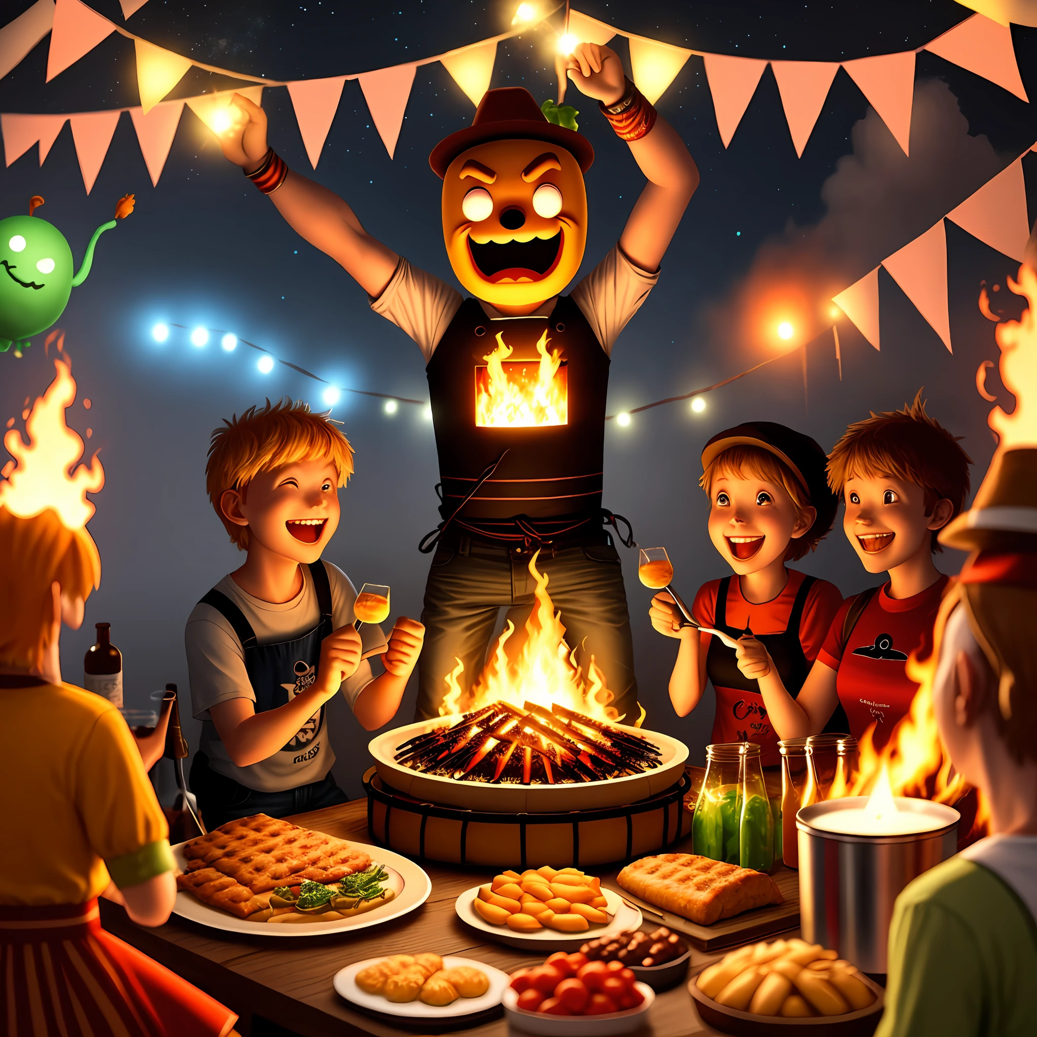 June party with bonfire, table with typical foods of hillbilly party, dancing aliens with hat very fun and cheerful