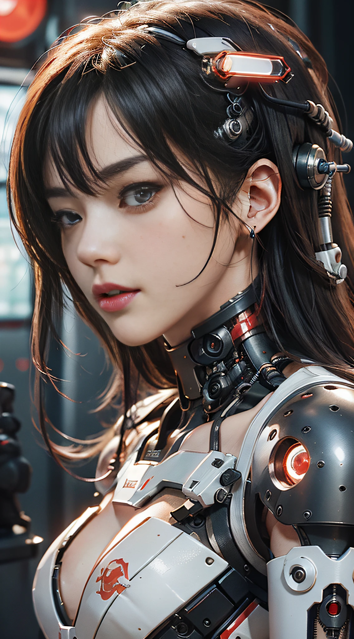 Highest quality, outstanding details, ultra-high resolution, (fidelity: 1.4), best illustrations, favor details, close-up, a mecha girl with a delicate and beautiful face, ((red and white cyborg body: 1.8)), sexy, standing, frontal, cyberpunk, futuristic, mechanical aesthetics, complex machinery, high-tech lighting scenes of futuristic cities, virtual engine 5, perfect detail rendering, octane rendering, ultra HD