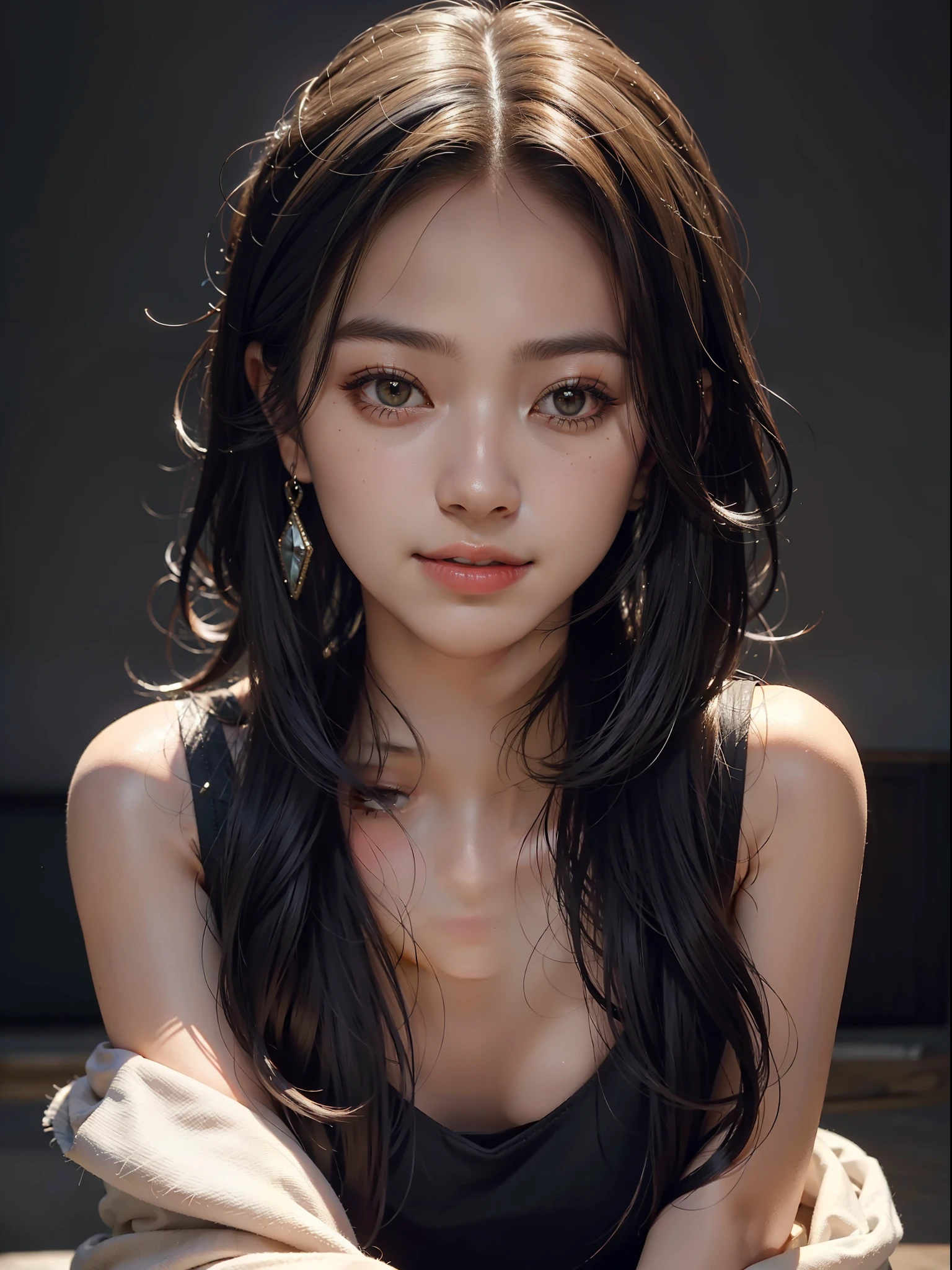 Portrait of a stunning girl, waist-up, with a captivating smile, illuminated by exquisite lighting and a deep shadow. This masterpiece is the epitome of ultra highres photorealism, delivering the best quality possible.