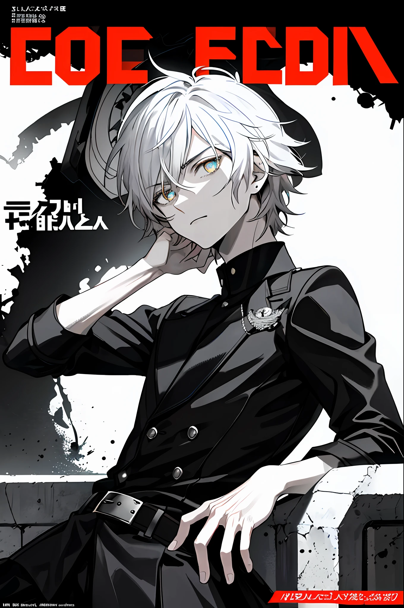 (((dramatic))), (((gritty))), (((intense))) The movie poster features a young man as the central character. With short white hair, a man, he stands confidently in the center of the poster, dressed in fashion-forward clothing with a determined expression on his face. The background is dark and gritty, with a sense of danger and intensity. The text is bold and eye-catching, with catchy slogans that add to the overall drama and excitement. The color palette is dominated by dark colors, dotted with bright colors, giving the poster a dynamic and visual impact, tachi-e (magazine:1.3), (cover-style:1.3), fashionable, woman, vibrant, outfit, posing, front, colorful, dynamic, background, element, confident, expressive, holding, statement, attachment, majestic, coiled, around, touch, scene, text, cover, bold, eye-catching, title, fashion, font, catchy, title, bigger, eye-catching, modern, trendy, focused, stylish,